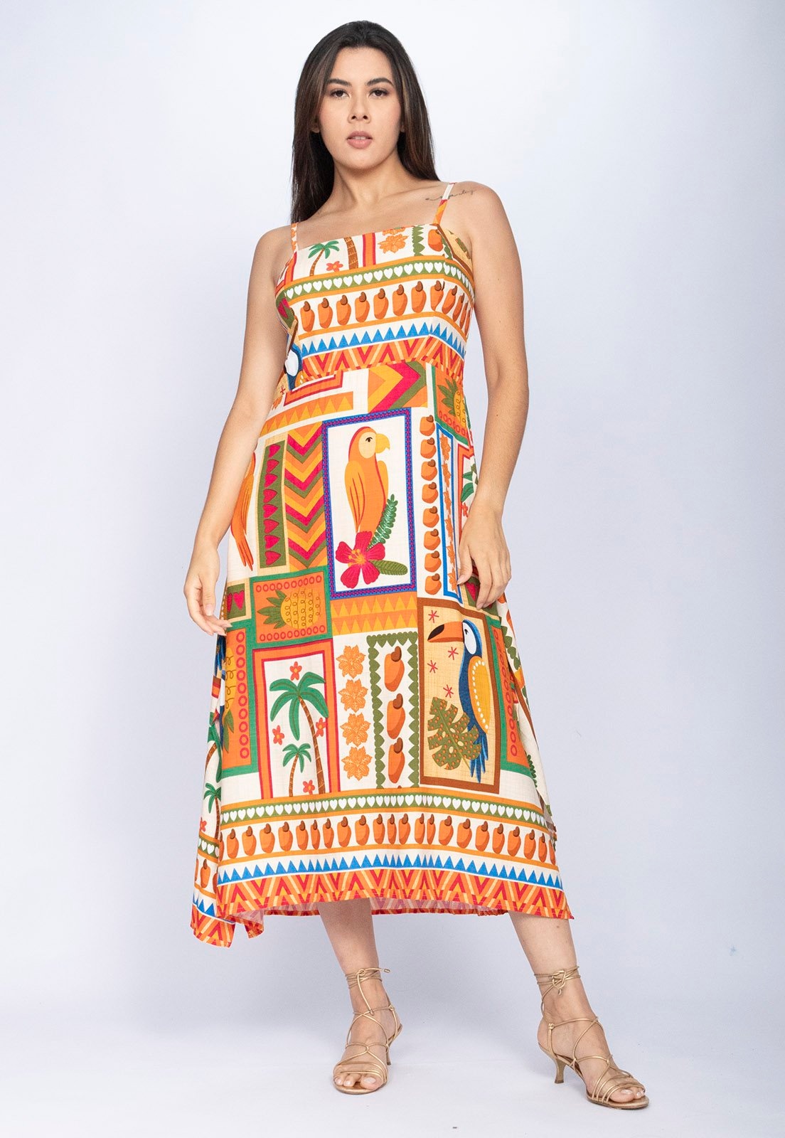Imagem principal Vestido Midi Amazônia Vital Alça Fina Estampa Viva Amazônia Amazonia Vital estampado/laranja/verde/vermelho