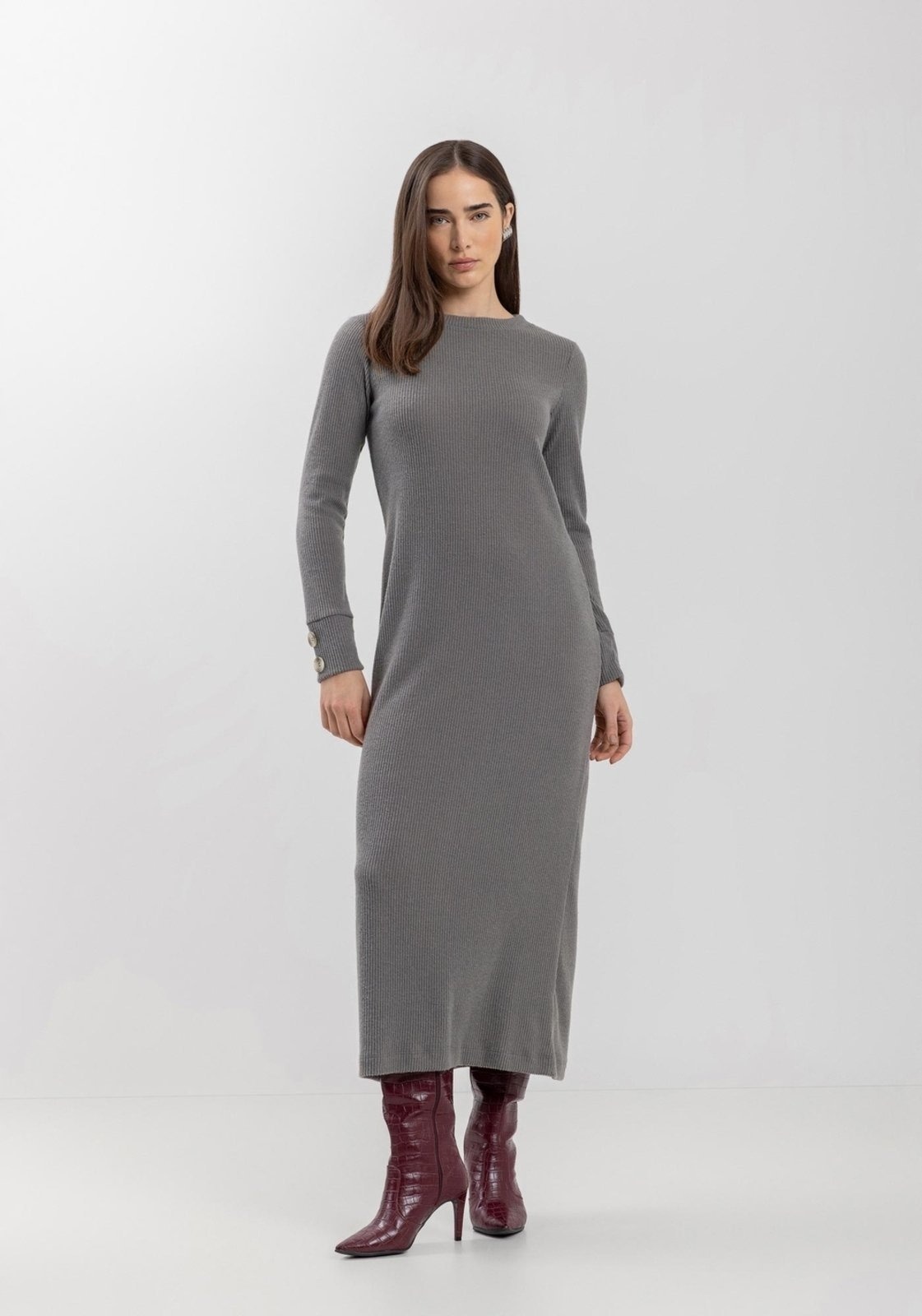 Imagem principal Vestido Lez a Lez Midi Chá De Mangas Longas Em Malha Canelada Lez a Lez poás