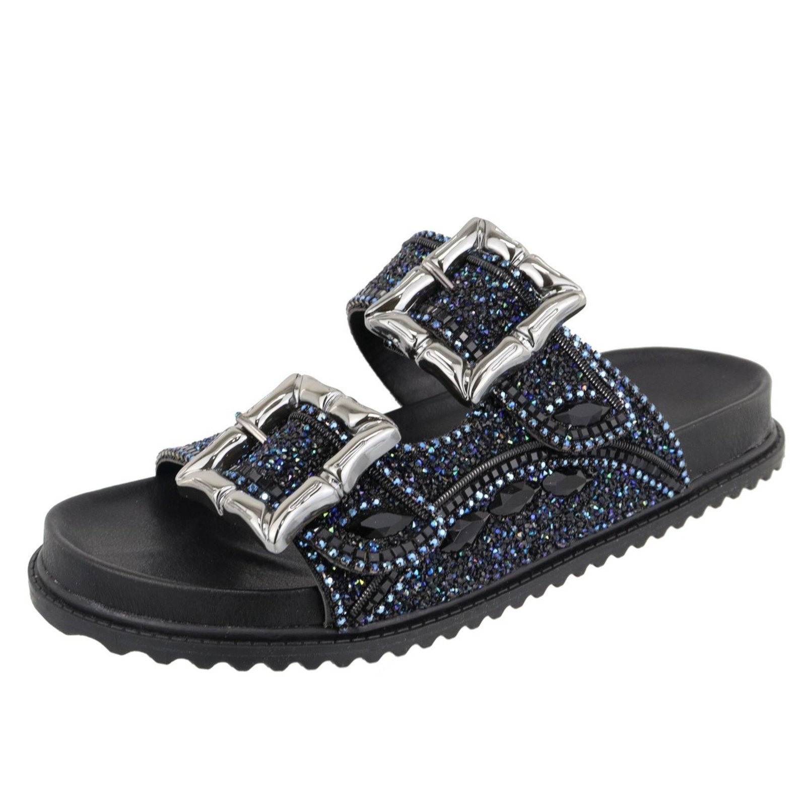 Imagem principal Papete Rasteira Feminina Paula B Em Pedraria Feita A Mão Com Brilhos Strass Miçangas E Fivela Pamilha Confort PAULA B preto