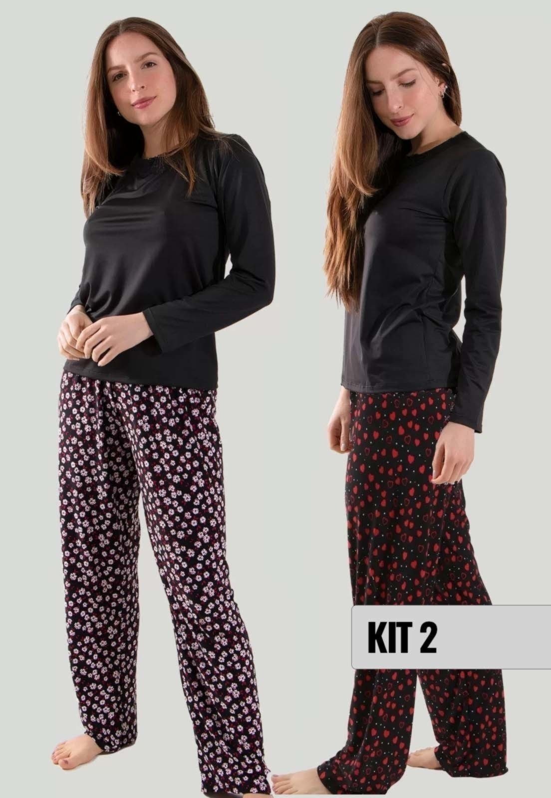 Imagem principal Kit Com 02 Pijamas Manga Longa Inverno Liganete Calça Estampada Linha Noite preto