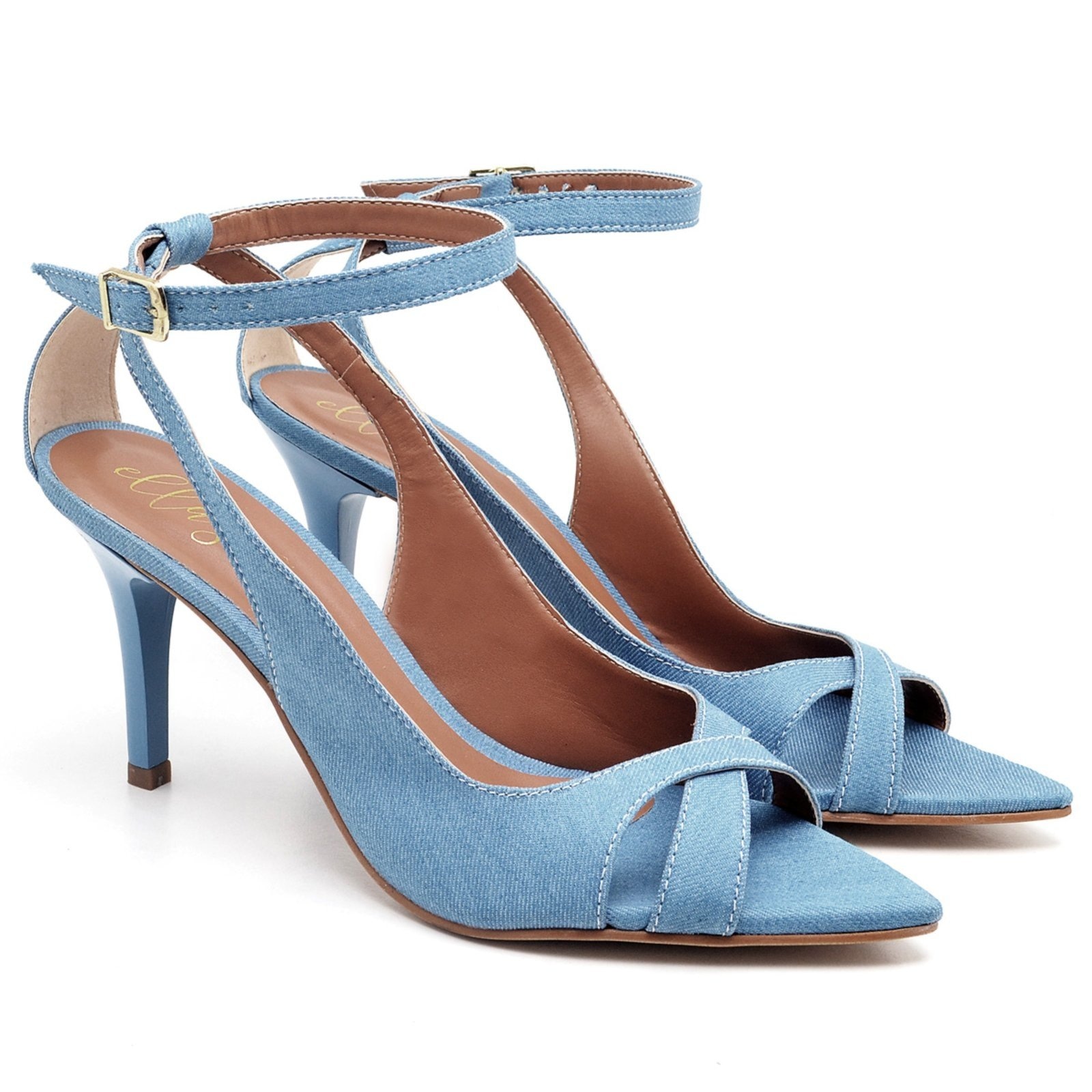 Imagem principal Sandália Salto Médio Feminina Bico Folha Jeans Delave ZAFREM azul