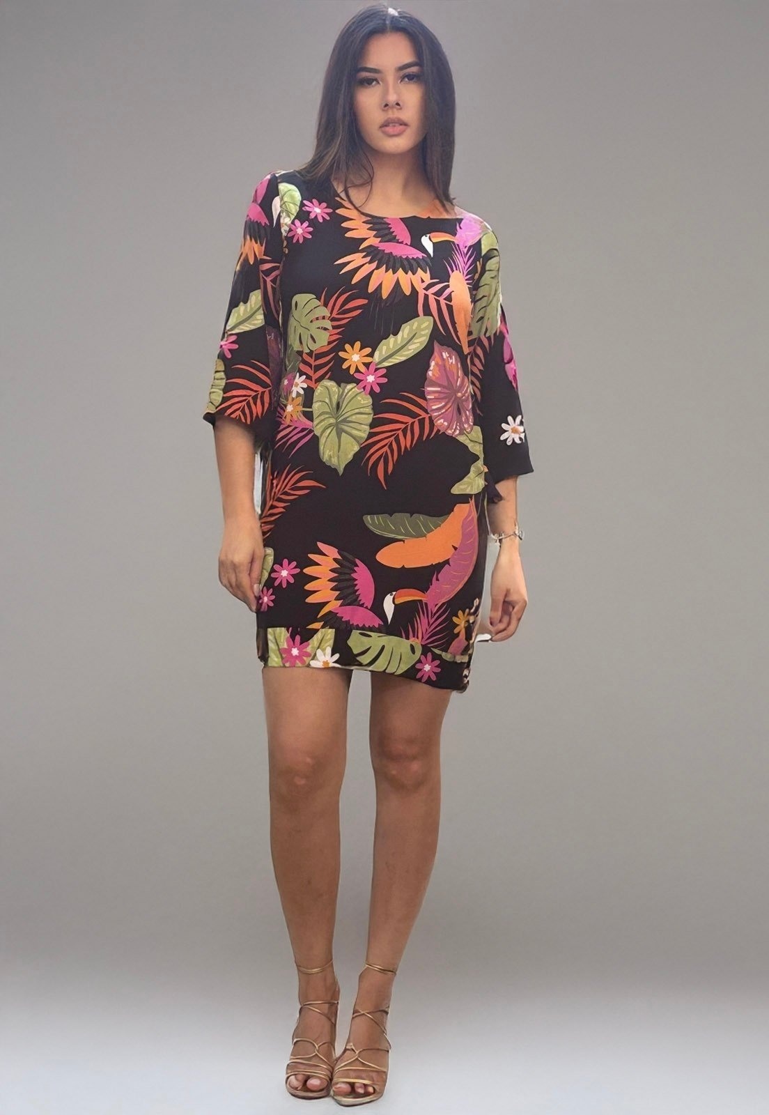 Imagem principal Vestido Curto Amazonia Vital Viscose Manga Ampla Balli Noite Botânica Amazonia Vital estampado/floral/preto