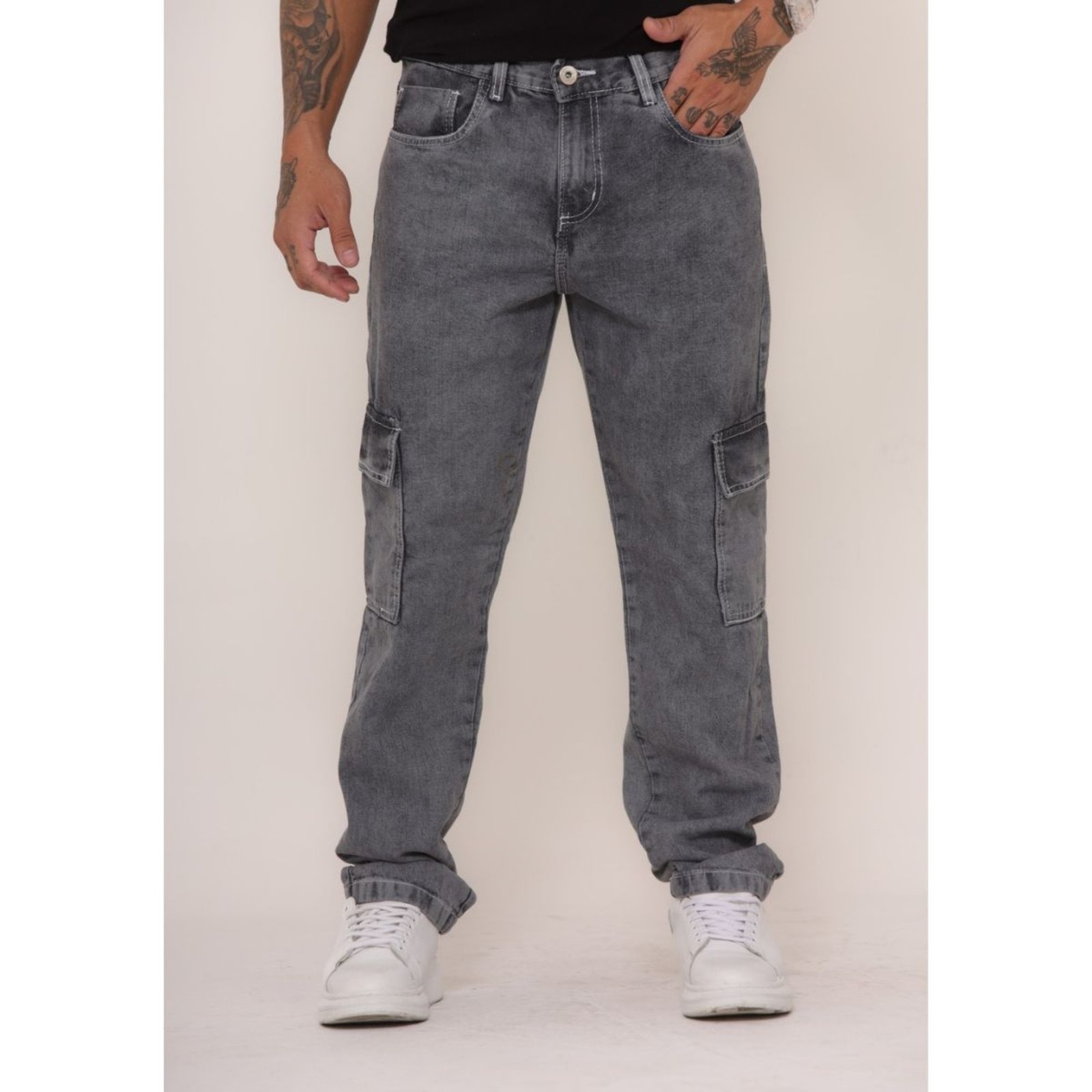 Imagem principal Calça Masculina Cargo com Costura Branca Alleppo Jeans cinza/grafite