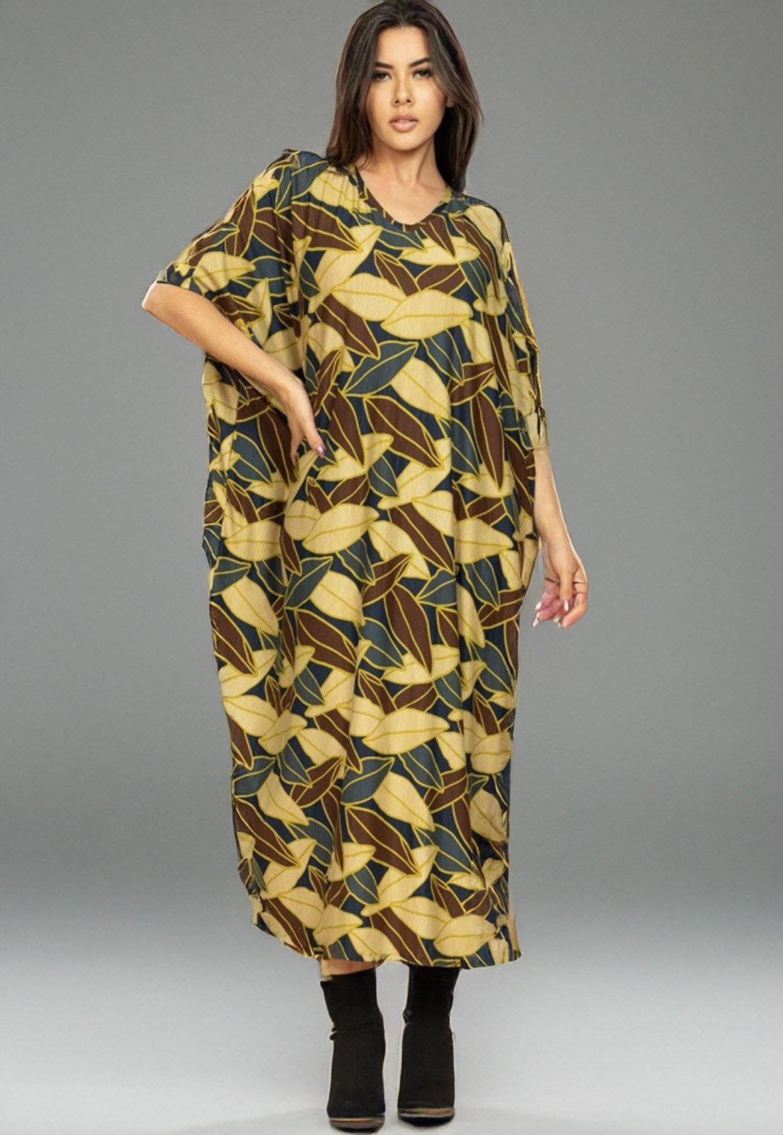 Imagem principal Vestido Cabanafree Kaftan Malha Saruel Estampa Folhas de Outono Cabanafree azul/estampado/verde