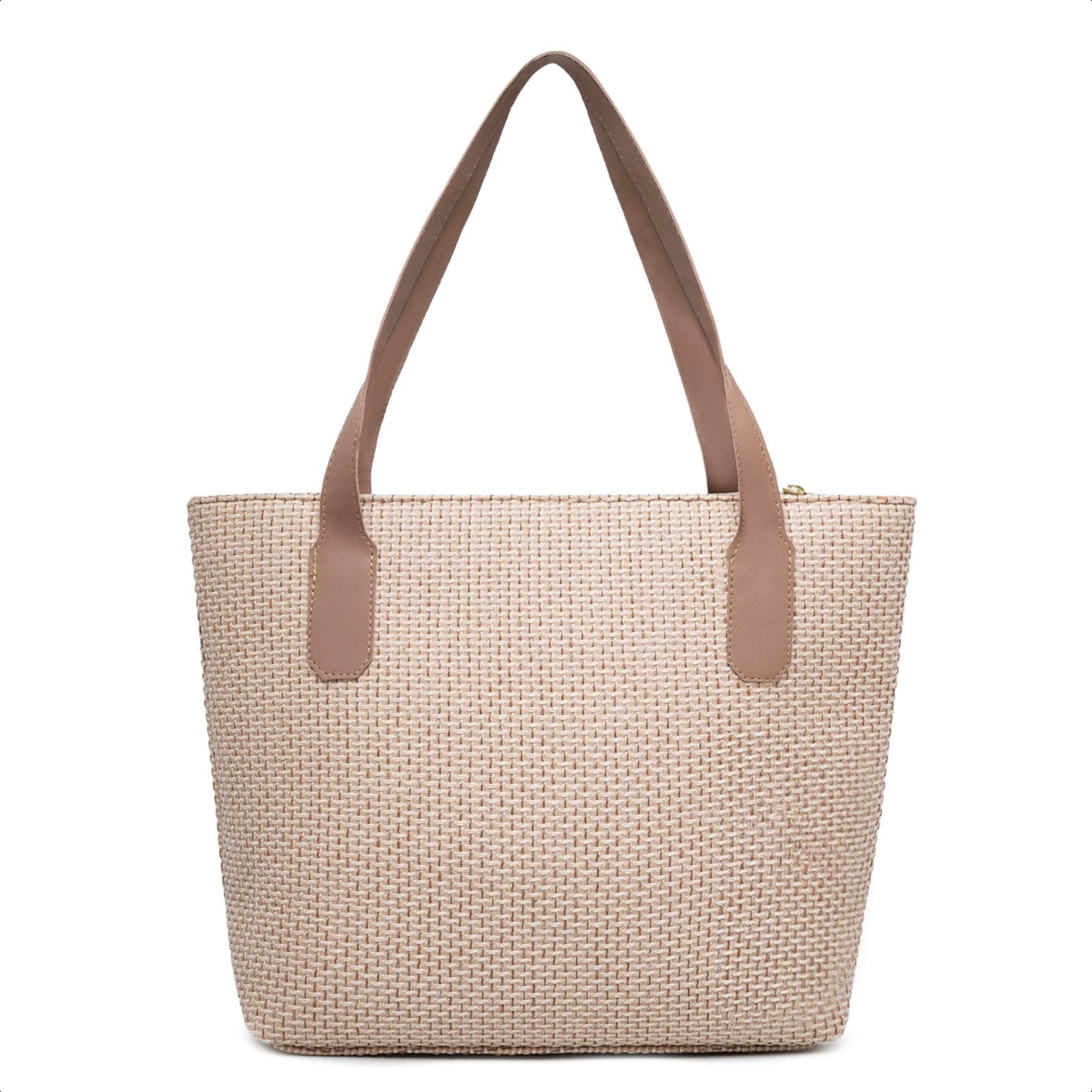 Imagem principal Bolsa Sacola Feminina Palha Com Zíper e Alça De Ombro Moda Praia Verão Festa Elegante CARMELO SHOES bege