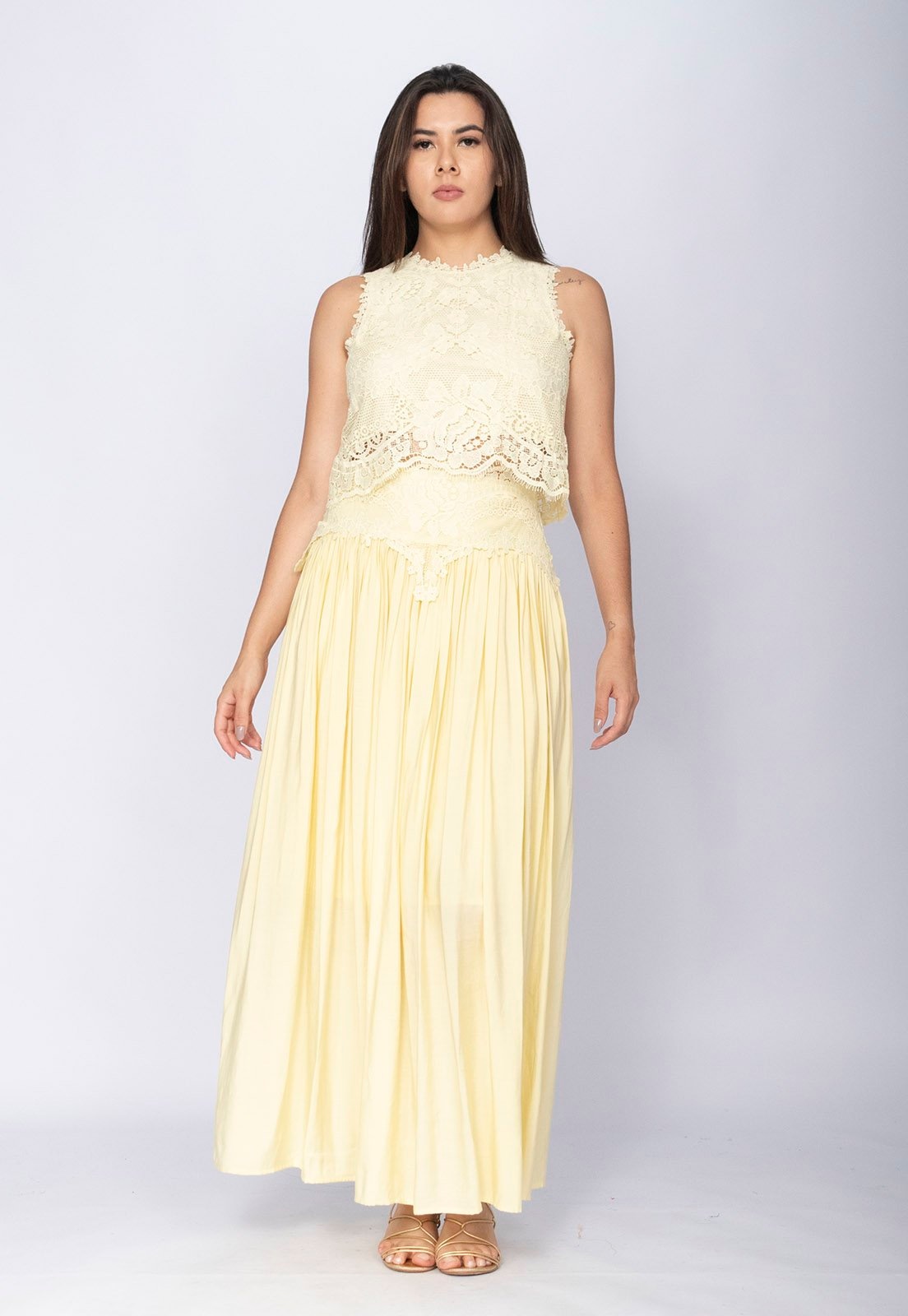 Imagem principal Conjunto Amazonia Vital de Saia e Croped Essência da Mata Renda Capim Dourado Amazonia Vital amarelo