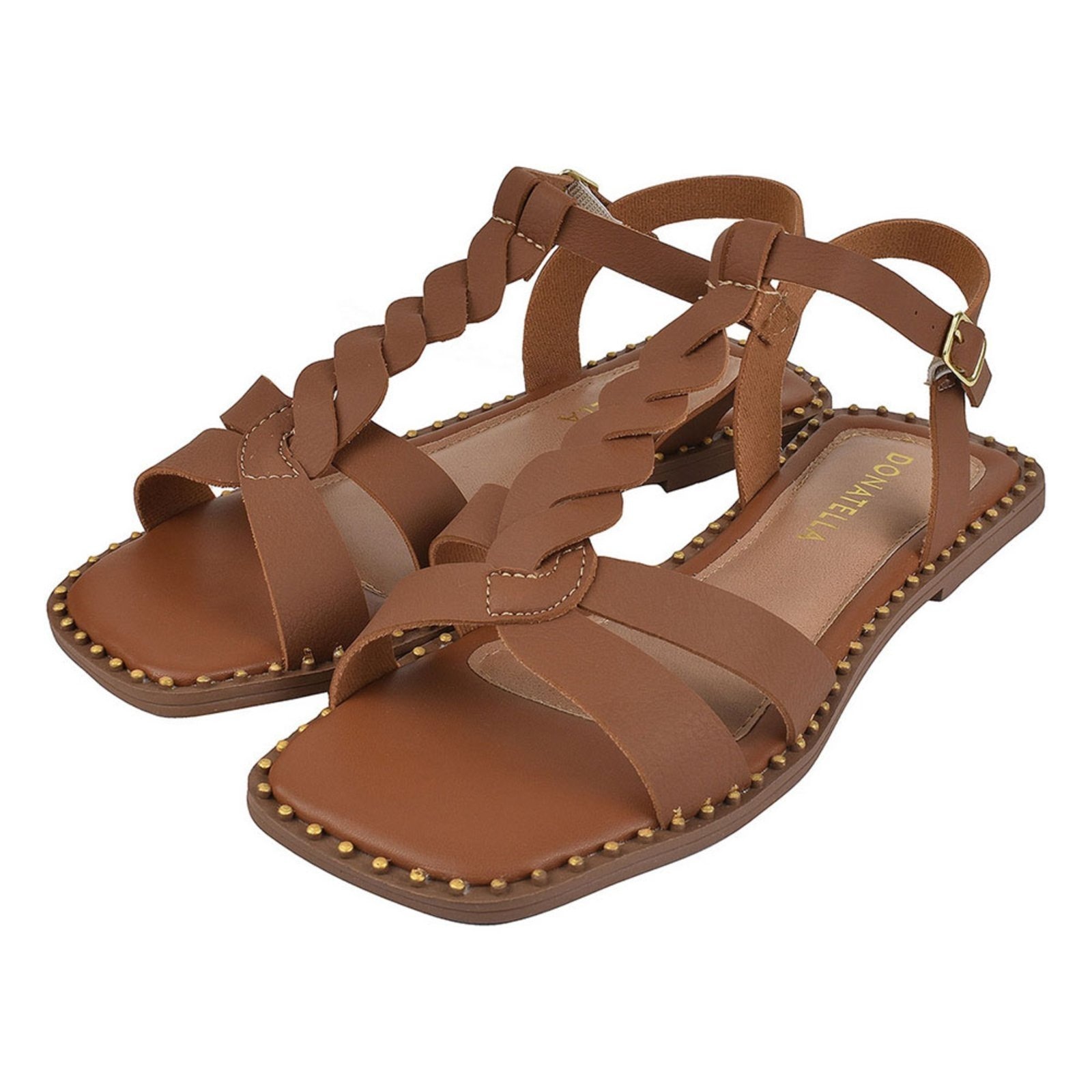 Imagem principal Sandália Rasteira Feminina Bico Quadrado CM Calçados Rasteirinha Rebite Trança Leve Macia Monte Shoes caramelo