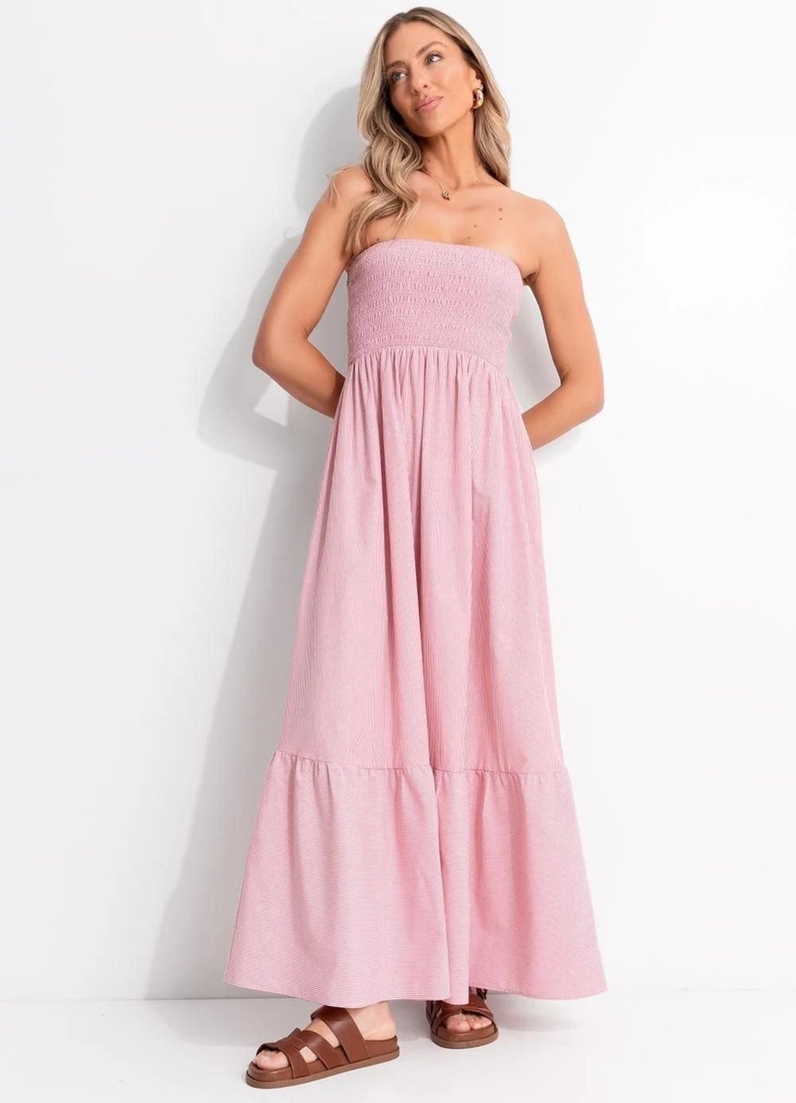 Imagem principal Vestido Em Tricoline Listrado Claro Quintess vermelho