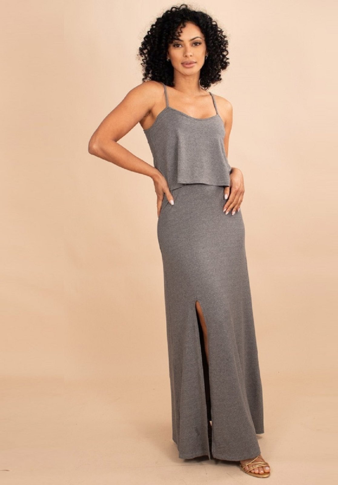 Imagem principal Vestido Longo Jambo Malha Aberturas Mescla Amazonia Vital cinza