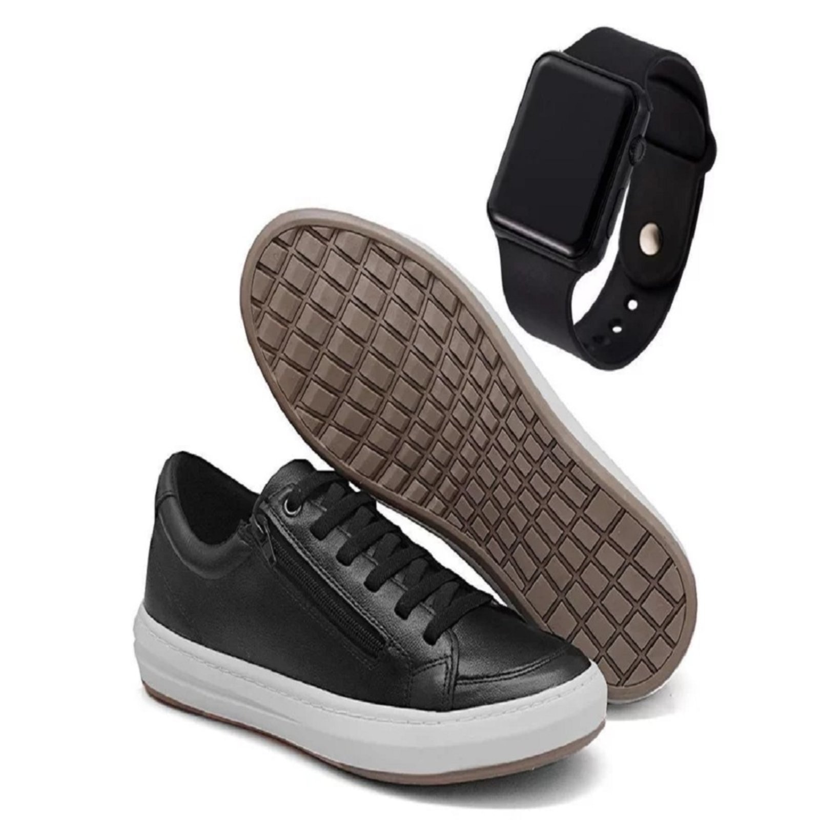 Imagem principal Tênis Casual Sapatênis Em Couro Calce Fácil Zíper Lateral + SmartWatch Brinde Nine4 preto