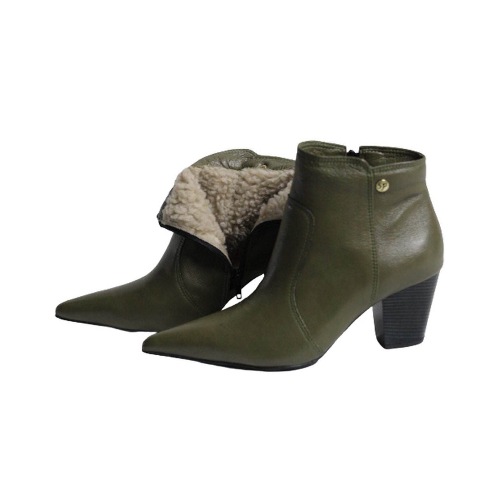 Imagem principal Bota Feminina em Lã Sintética Bico Fino Cano Curto Couro Salto 6 CM Verde Spinelli verde militar