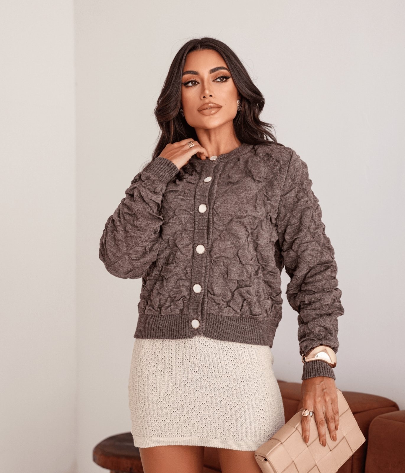 Imagem principal Jaqueta Bomber Cherry Line Feminino Tricô Botão Castor Cherry Line castanho