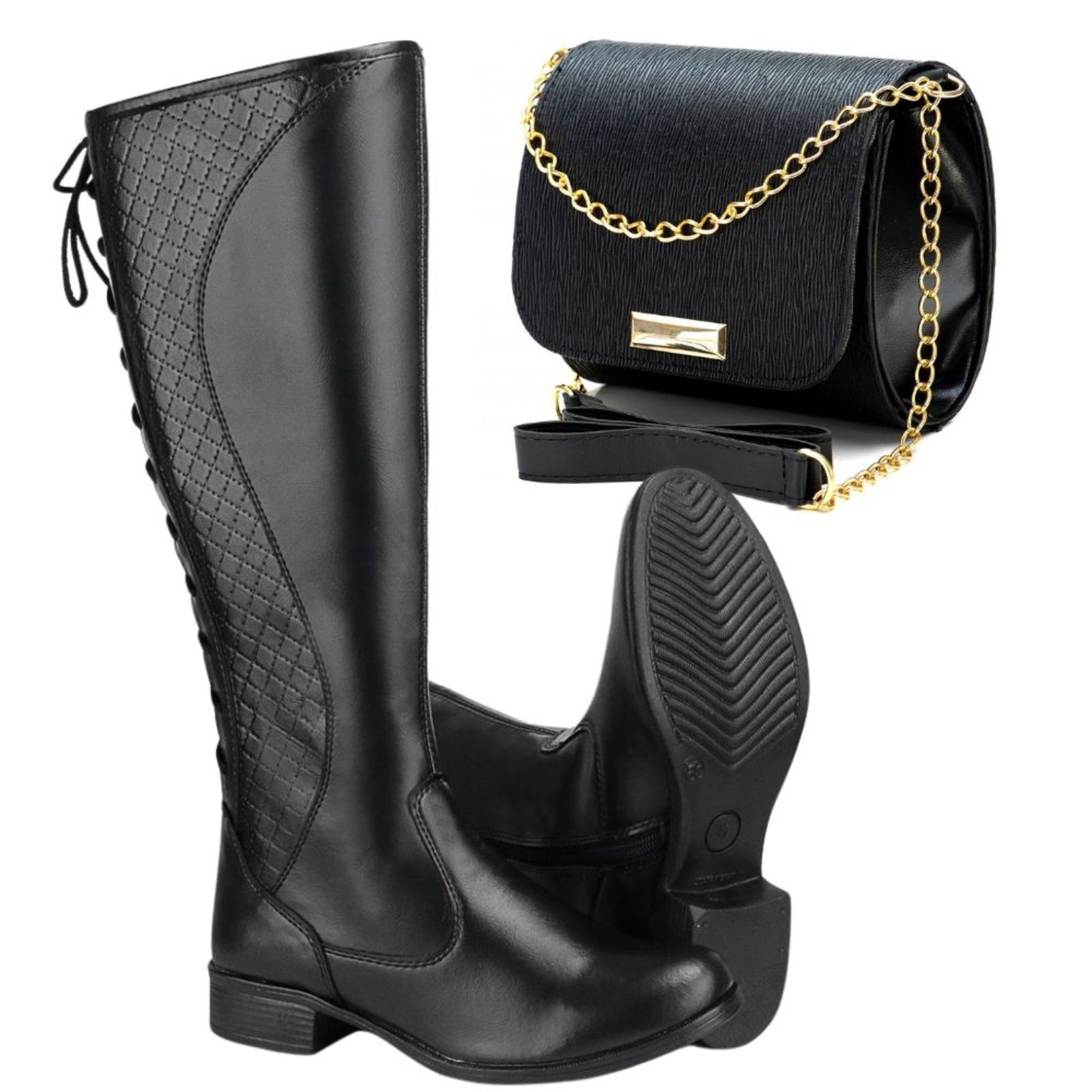 Imagem principal Kit Bota Feminina Cano Alto Montaria Salto Baixo + Bolsa Transversal Sapatofran preto