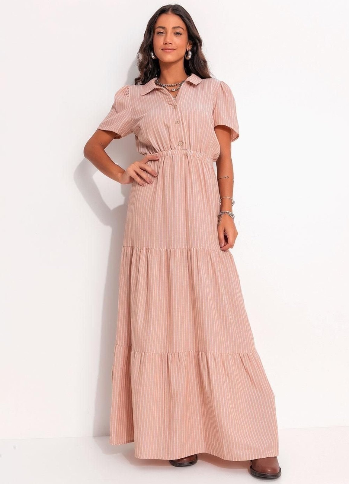 Imagem principal Vestido Em Voil De Algodão Listrado Mostarda Quintess marrom