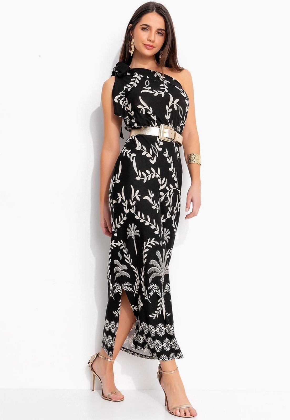 Imagem principal Vestido Em Malha De Viscose Barrado Coqueiros Quintess preto