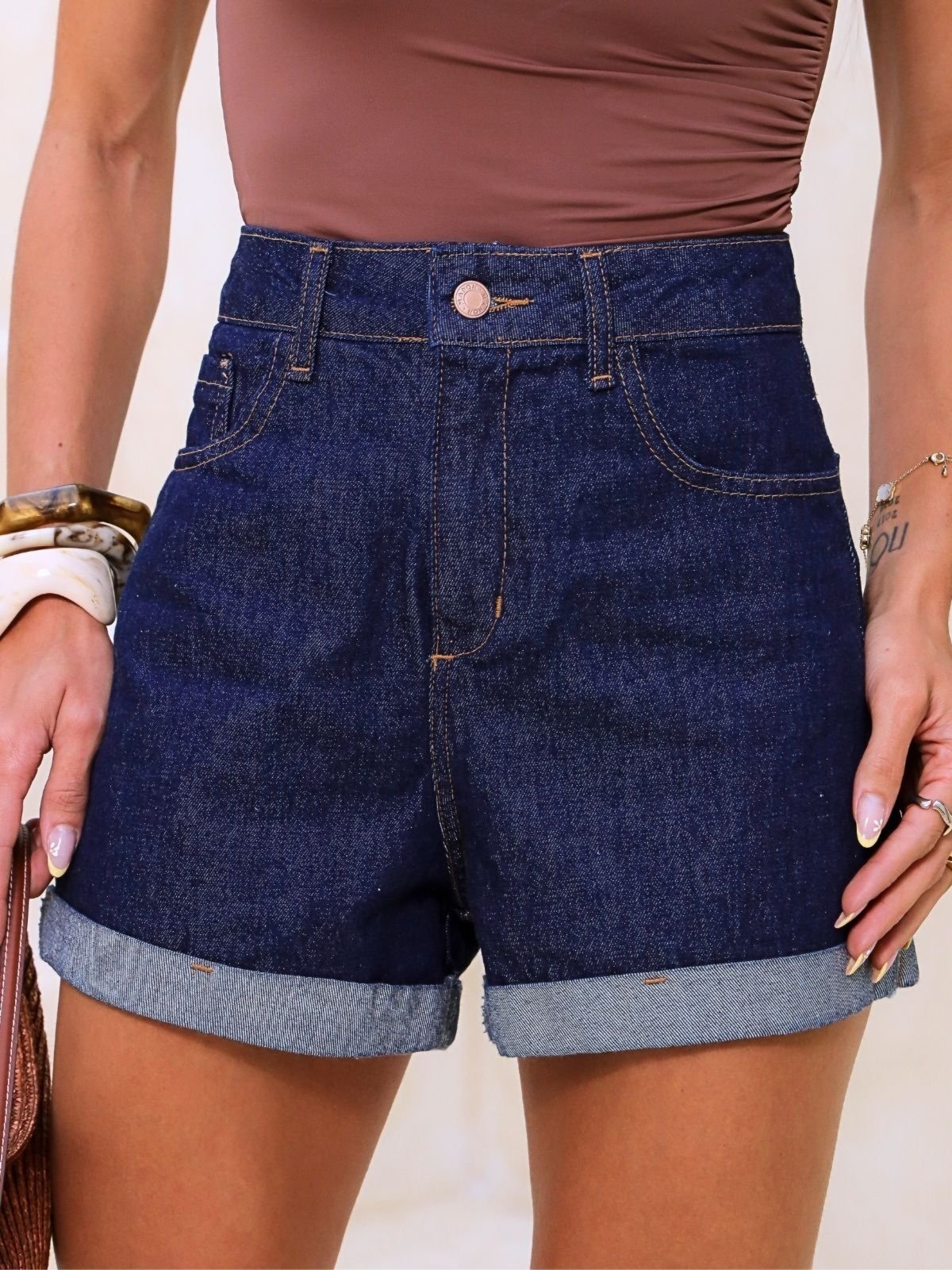 Imagem principal Shorts Jeans Azul Escuro Mom Cintura Alta Feminino Crawling azul marinho