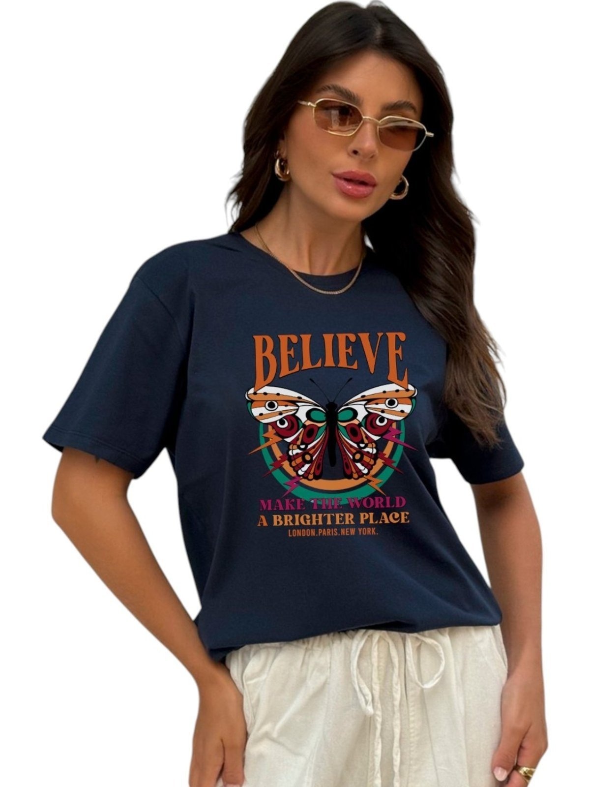 Imagem principal Camiseta Cianitas Azul Estampa Borboleta Believe Cianitas azul marinho