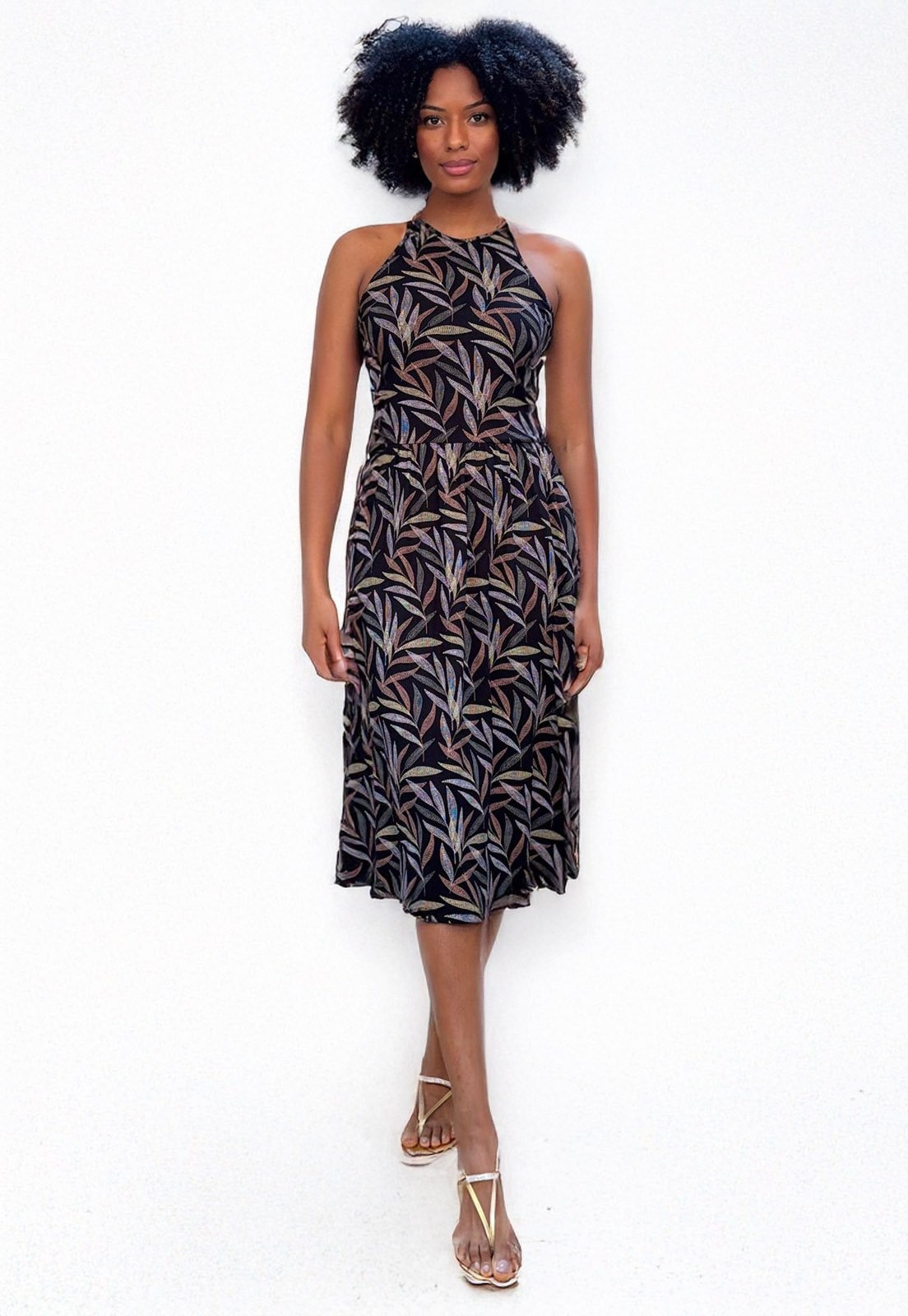 Imagem principal Vestido Midi Cabanafree Malha Trapézio Estampa Folhagem Cabanafree estampado/preto