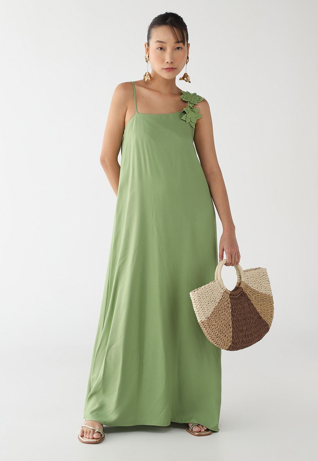 Imagem principal Vestido Longo Feminino CaCay Alça Aplique Flor CaCay verde