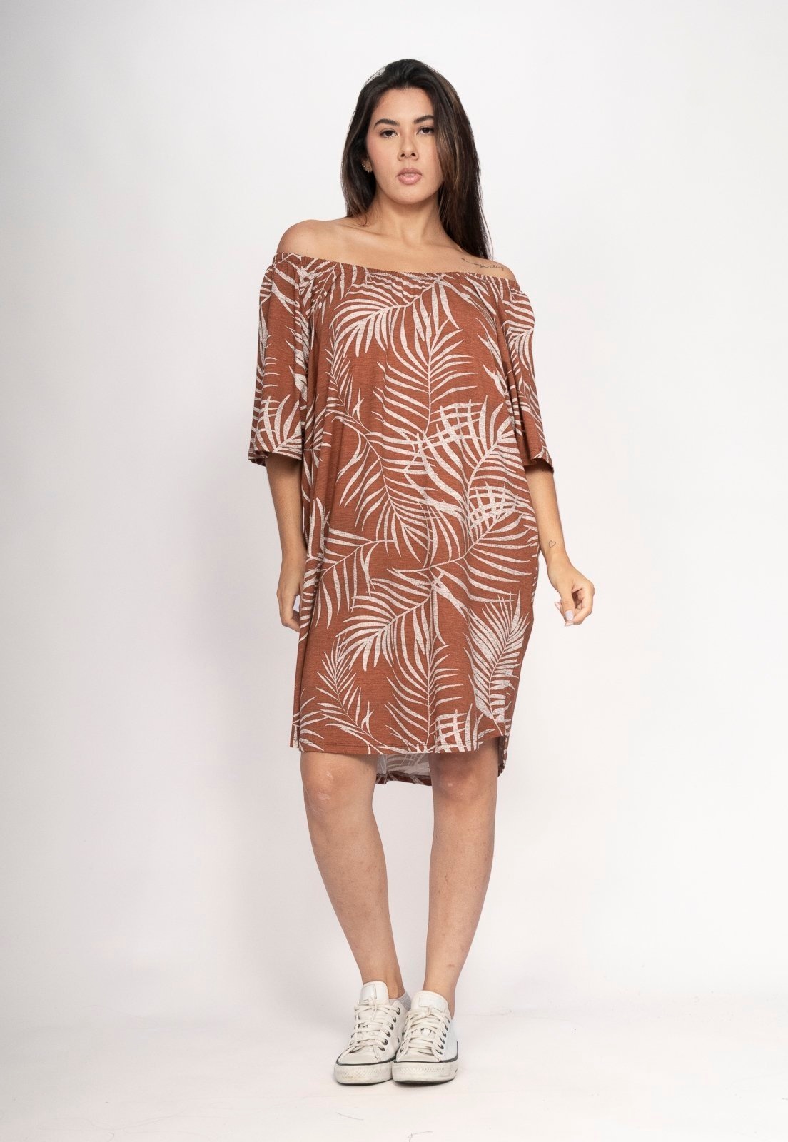 Imagem principal Vestido CabanaFree Curto Malha Ombro a Ombro Mullet Amplo Palmas da Terra Cabanafree estampado