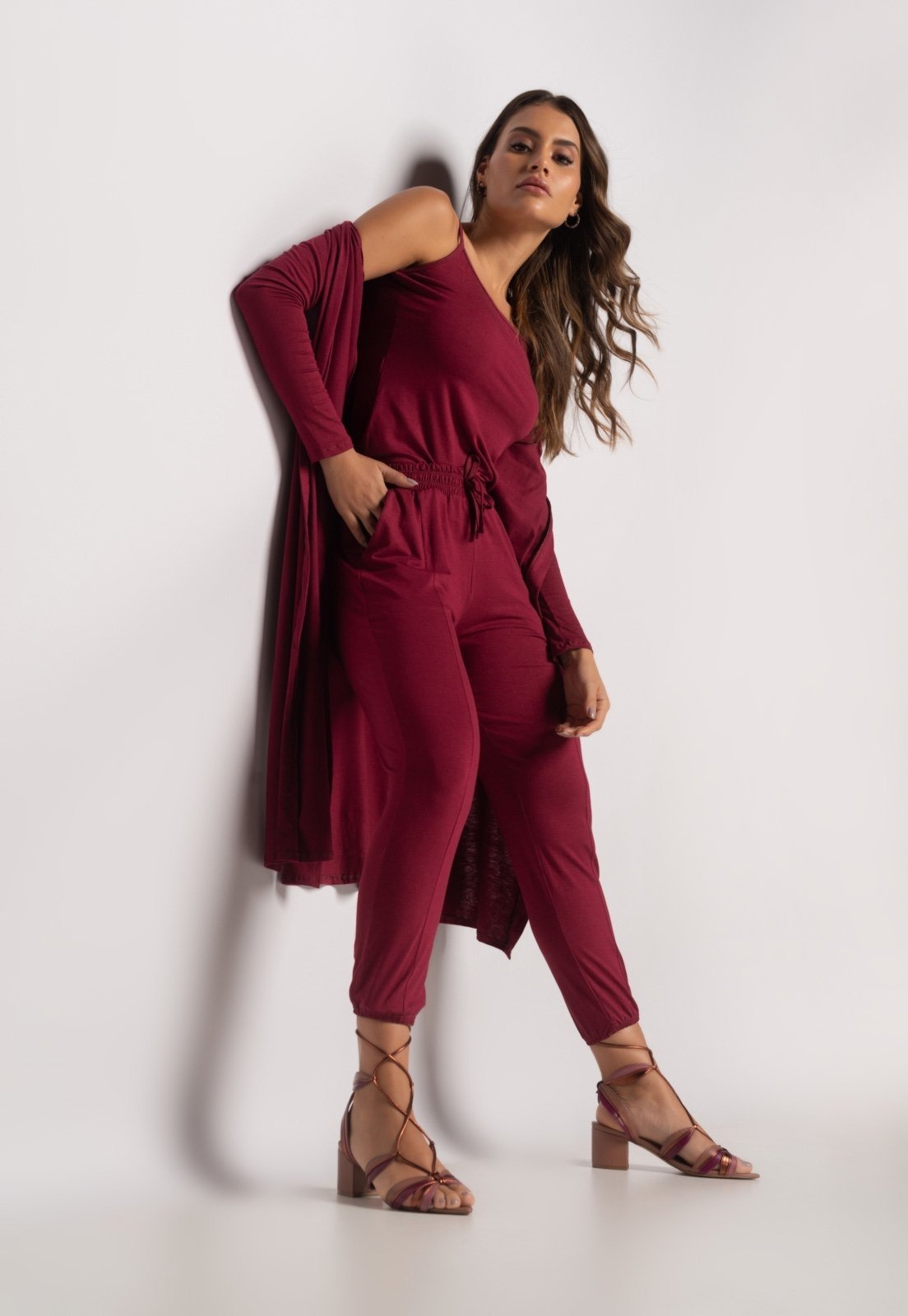 Imagem principal Conjunto Com Kimono, Regata e Jogger Malha Salvatore Vinho Salvatore Fashion vermelho