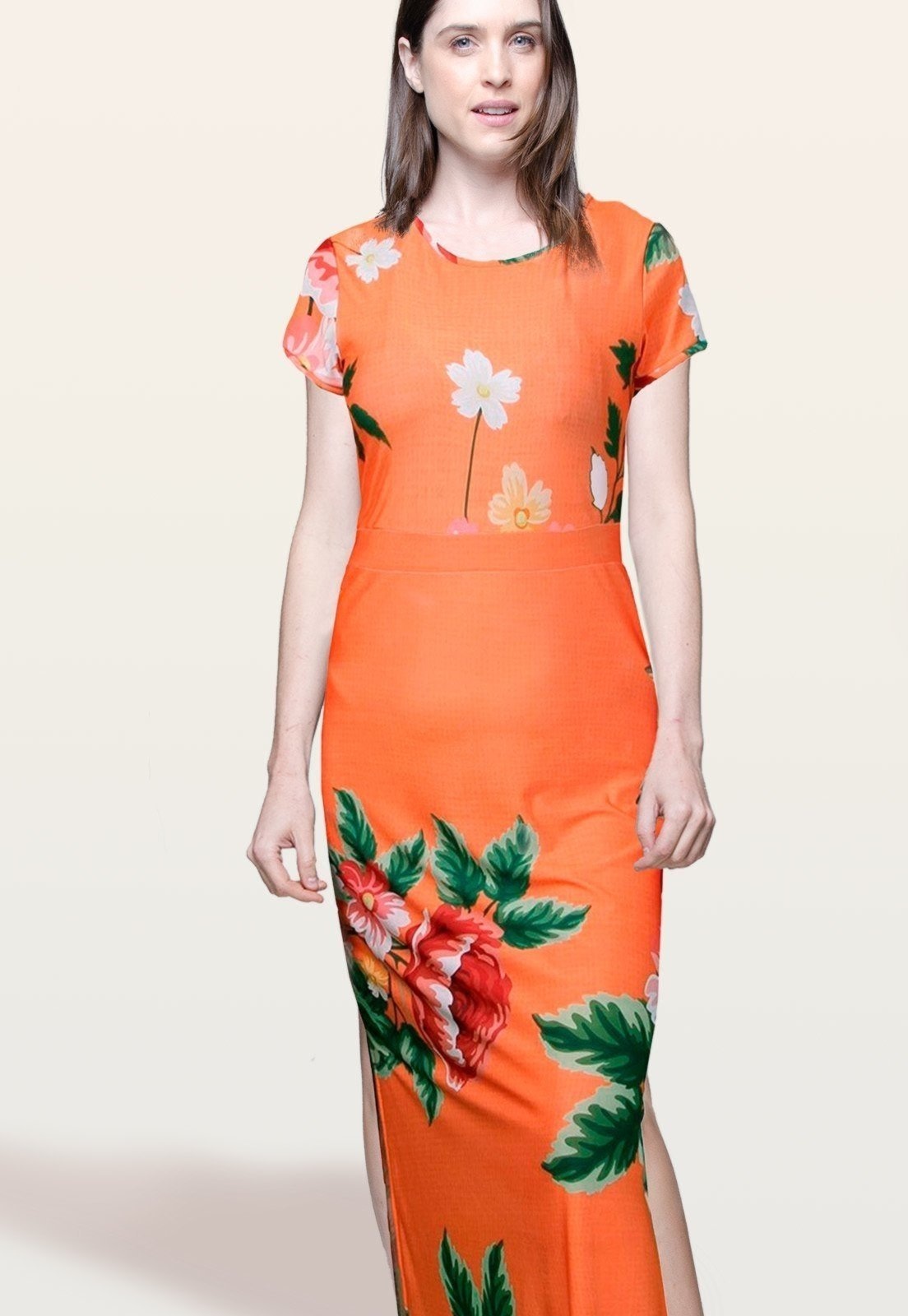 Imagem principal Vestido Longo Fendas Mangas Curtas Malha Fria com Elastano Estampa Exclusiva Flor Fundo 101 Resort Wear laranja