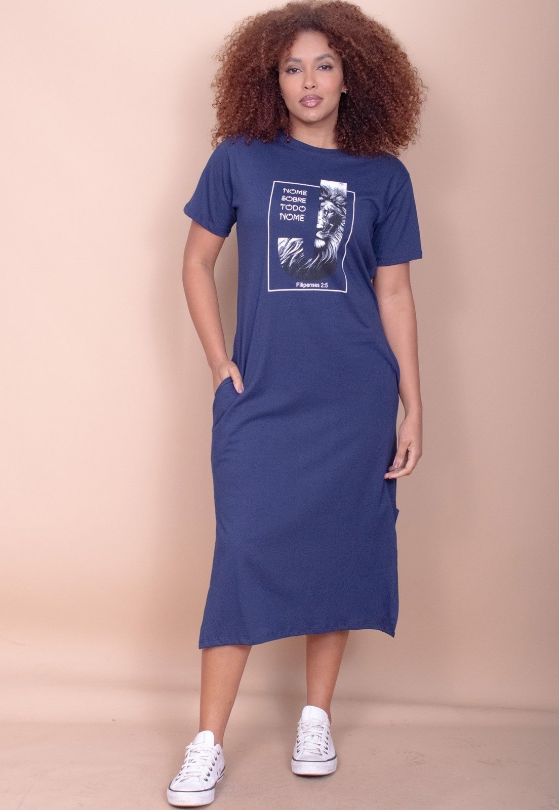 Imagem principal Vestido Cabanafree Midi Algodão Manga Curta Moda Evangélica Azul Cabanafree azul marinho