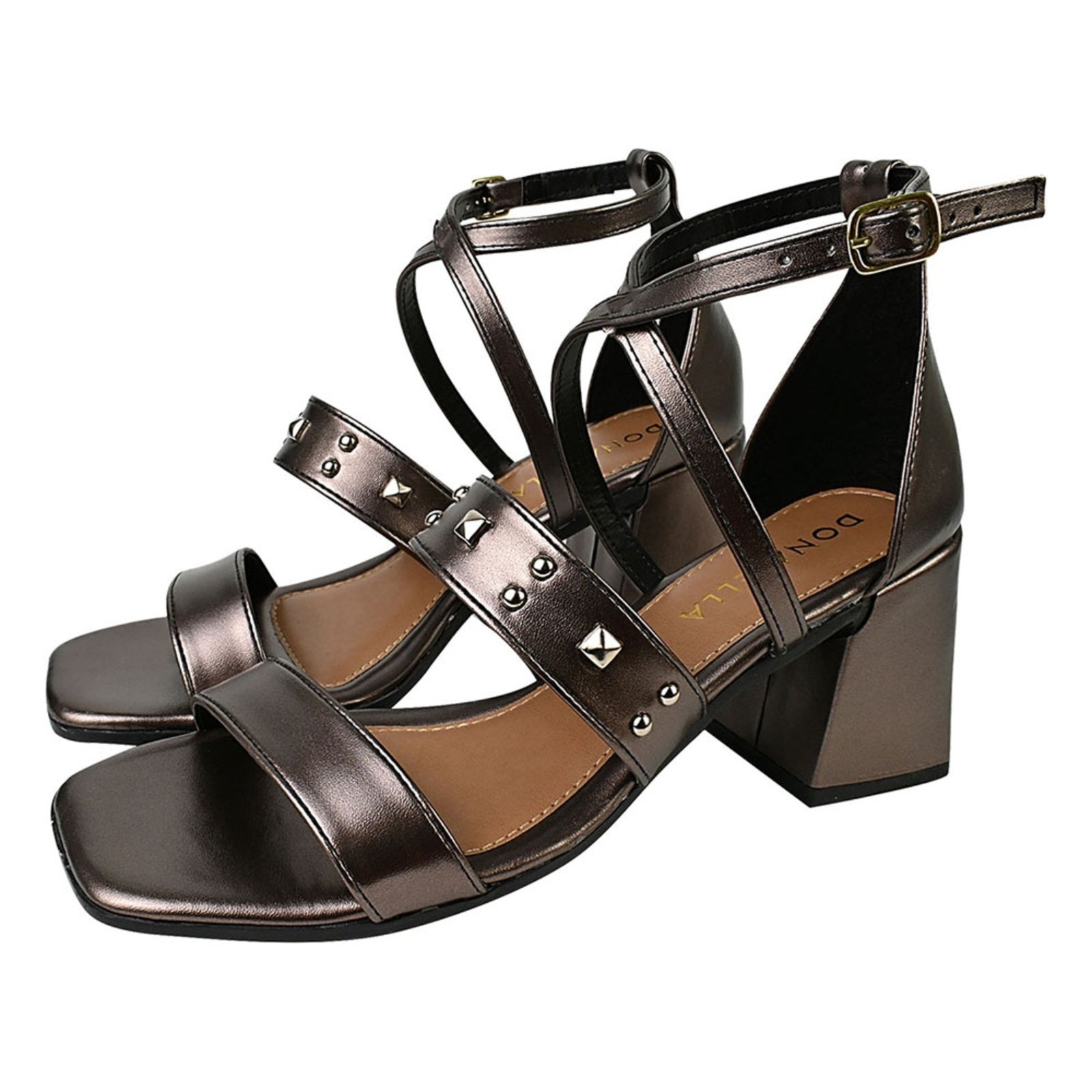 Imagem principal Sandália Feminina CM Calçados Bico Quadrado Salto Alto Casual Spike Hotfix Metalizado Monte Shoes prata velho