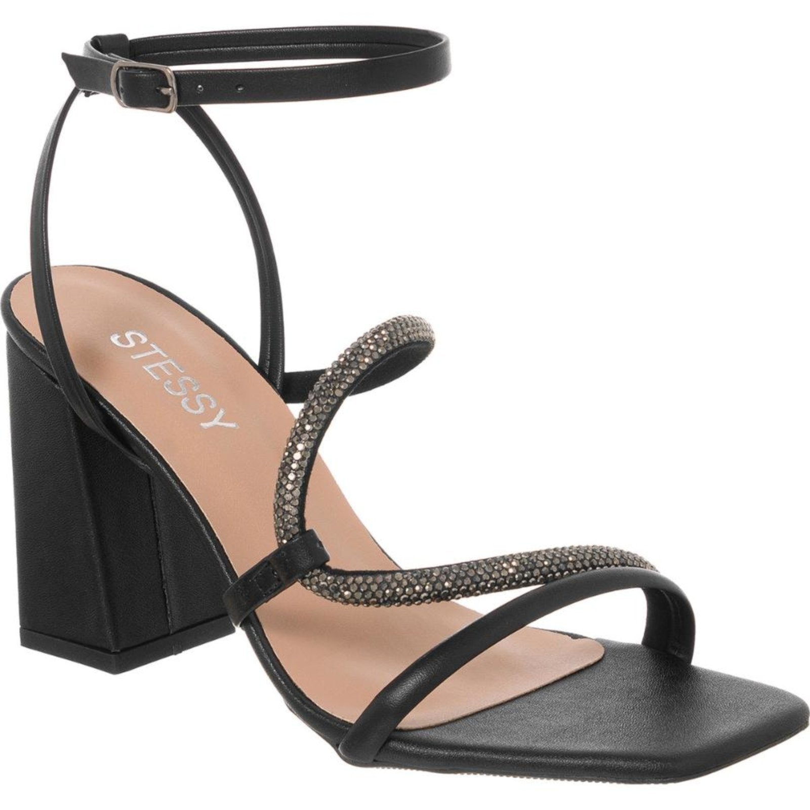 Imagem principal Sandália Feminina Brilho Salto Alto Grosso Confortável Original Preta Stessy Shoes preto