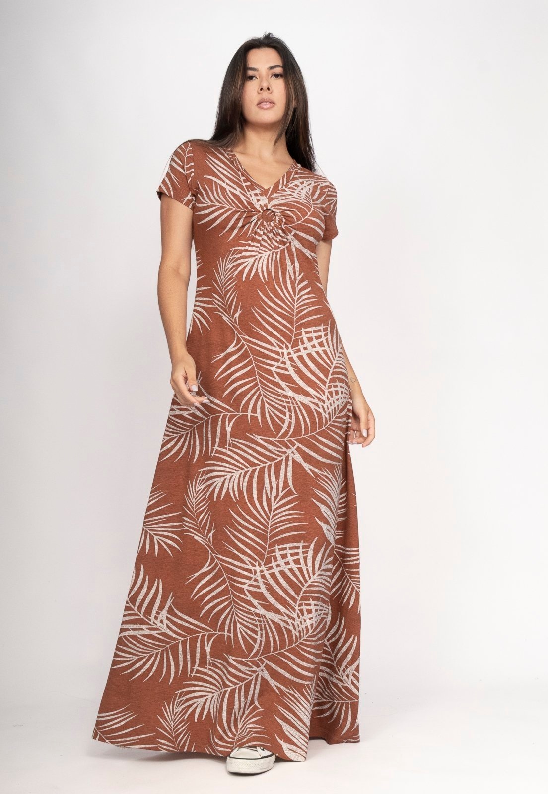 Imagem principal Vestido CabanaFree Coema Longo Malha Detalhe no Busto Palmas da Terra Cabanafree estampado