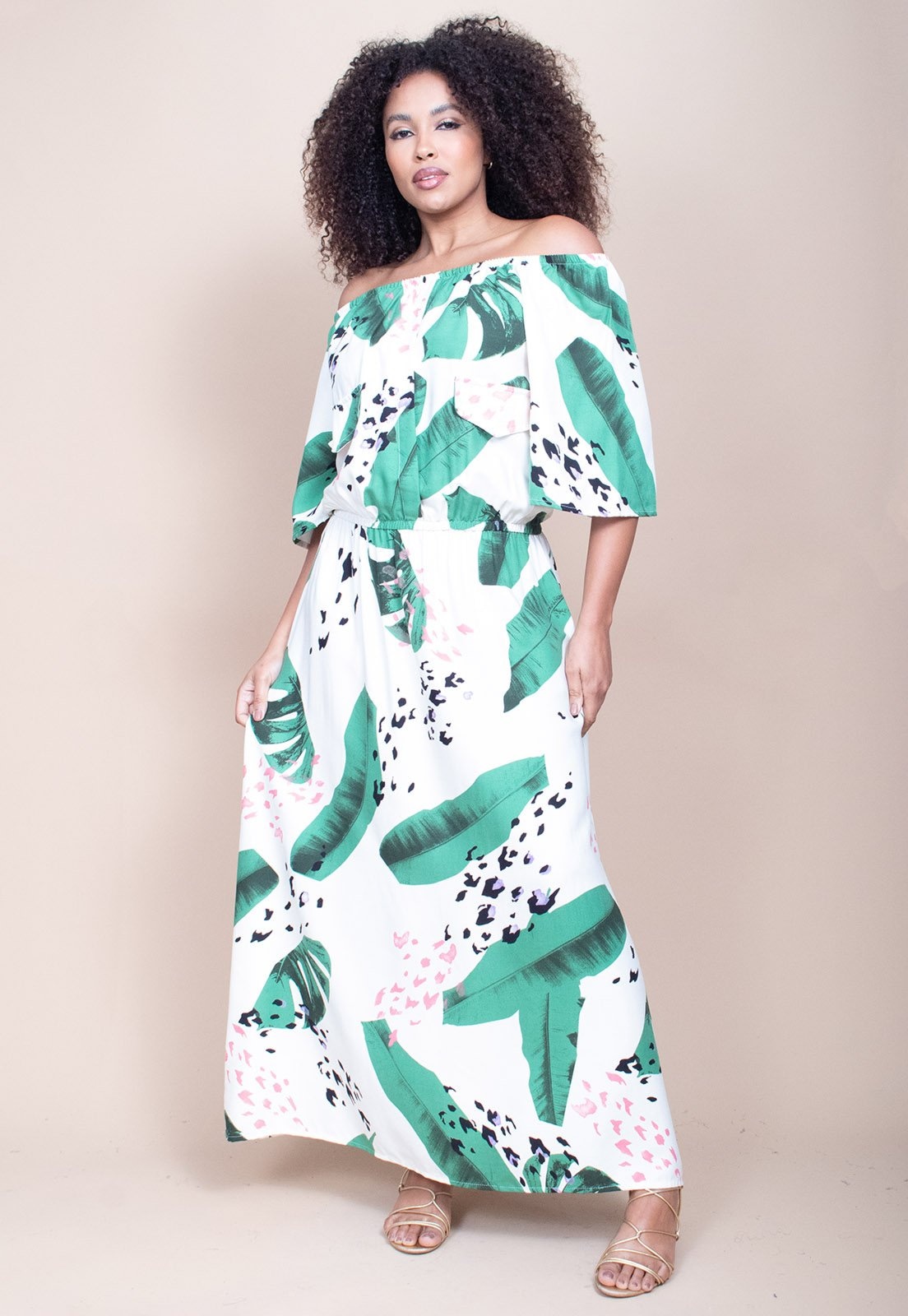 Imagem principal Vestido Midi Cabanafree Ciganinha Viscose com Lapela Estampa Folhagem Poética Cabanafree estampado/off-white/preto