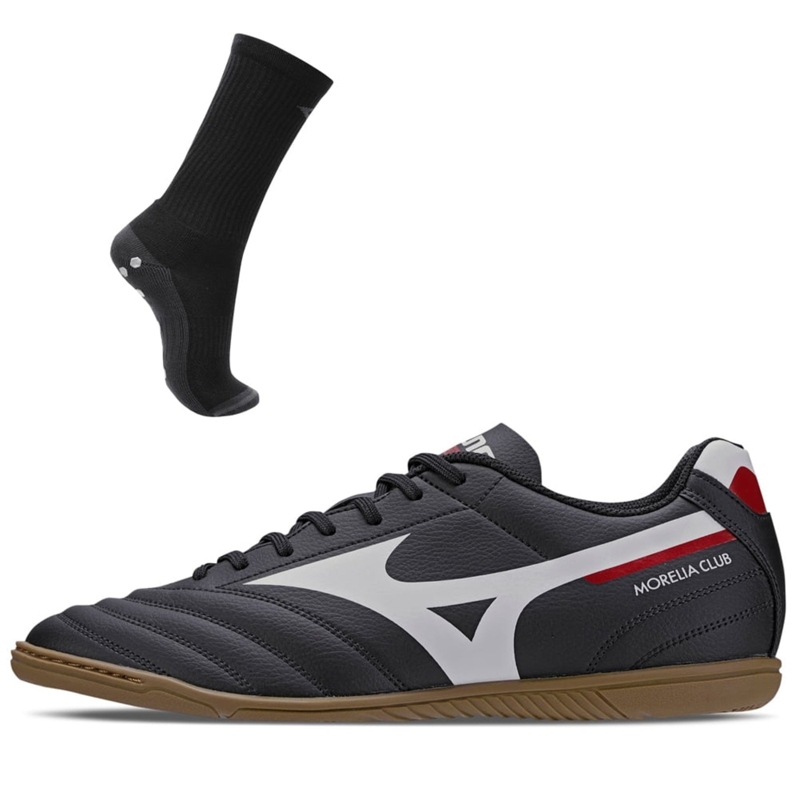 Imagem principal Kit 1 Chuteira Futsal Masculina Mizuno Morelia Club In e 1 Meia Antiderrapante Cano Médio Mizuno preto