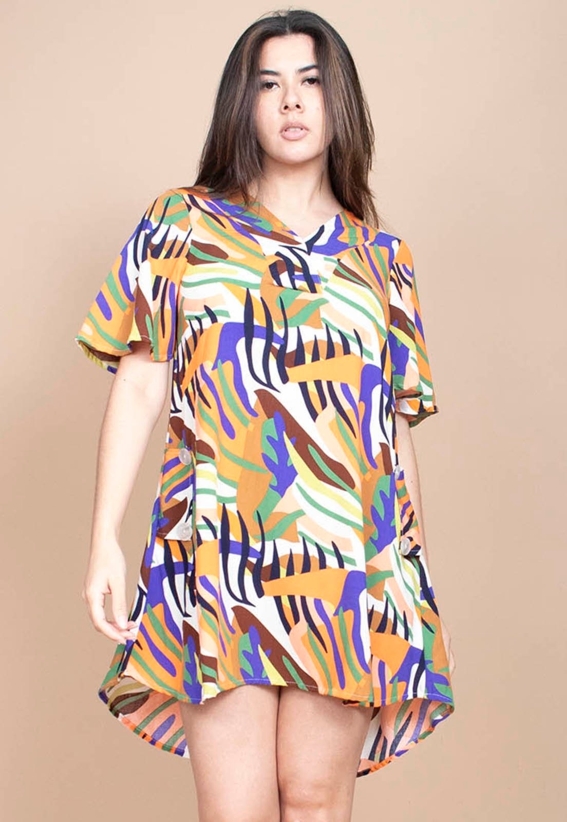 Imagem principal Vestido Cabanafree Curto Pataxô Viscose Mullet Decote V Estampa Cores Vibrante Cabanafree azul/estampado/laranja/preto