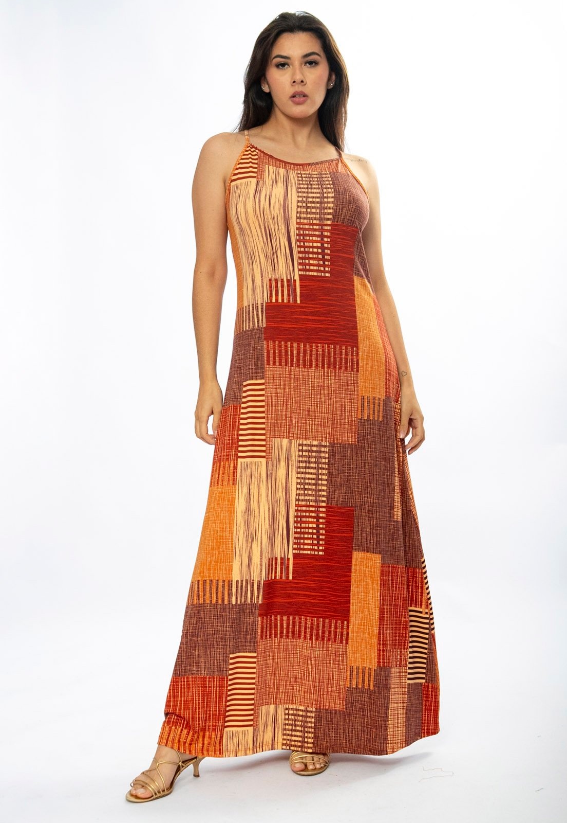 Imagem principal Vestido Longo Amazônia Vital Malha Trapézio Estampa Tramas do Sol Amazonia Vital bege/laranja/marrom/vermelho