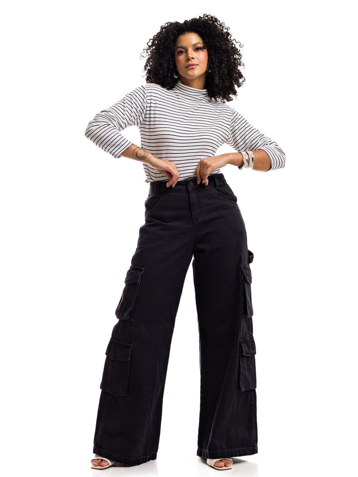 Imagem principal Calça Pantalona Cargo Restrito Jeans Black 8 Bolsos - Preto Restrito Jeans preto black