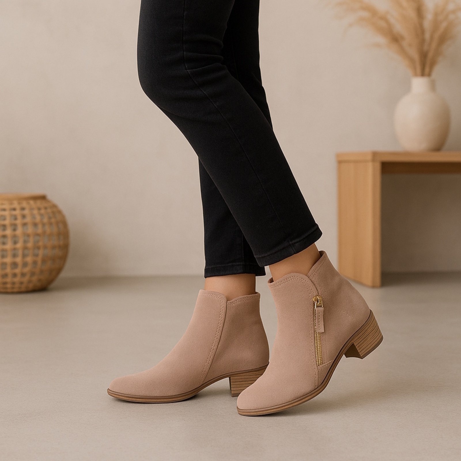 Imagem principal Bota Feminina Cano Curto Yes Basic em Couro com Fivela Lateral Camurça Areia Yes Basic bege/cinza