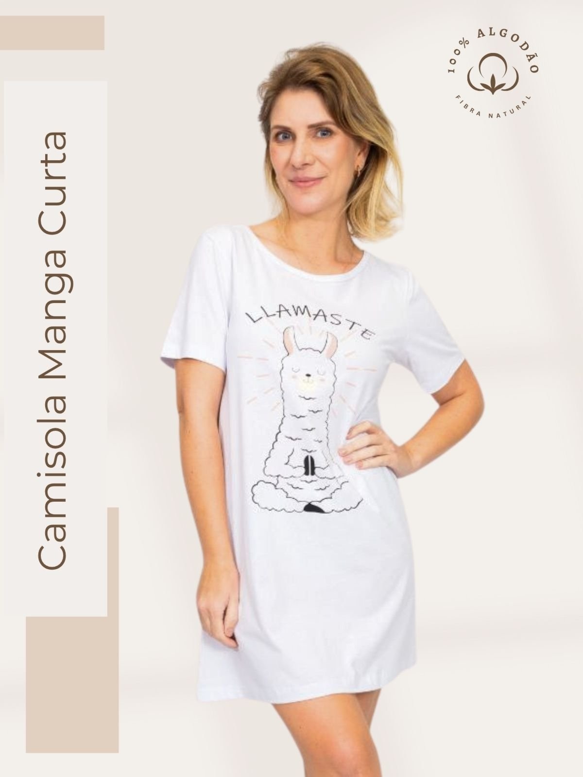 Imagem principal Camisola Algodão Feminina Manga Curta Verão Adulto lhamaste Piante branco