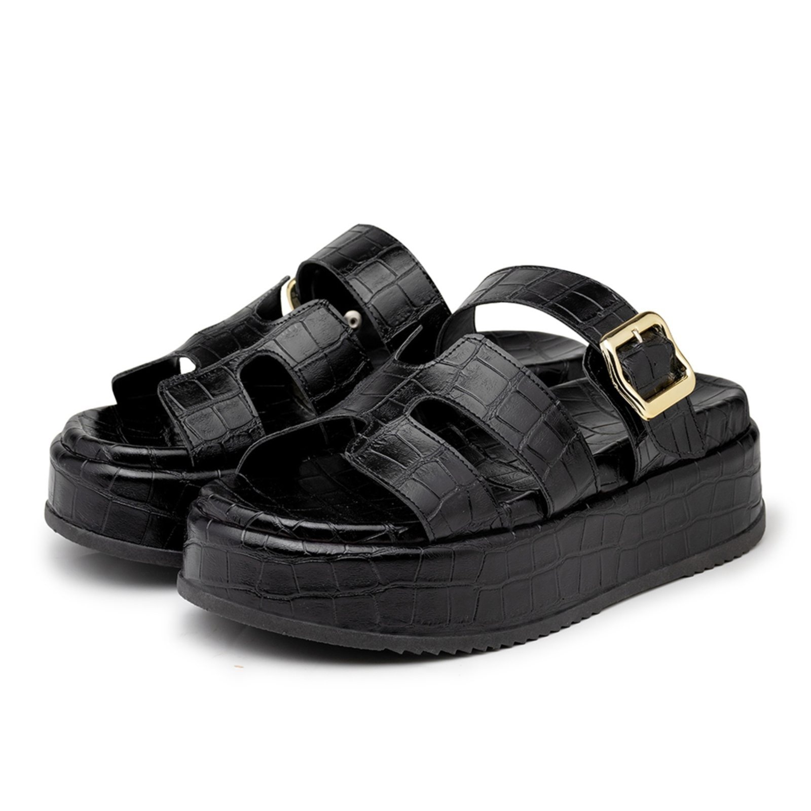 Imagem principal Sandália Feminina Papete Flatform H Tira com Fivela 5301 Croco Flor da Pele preto