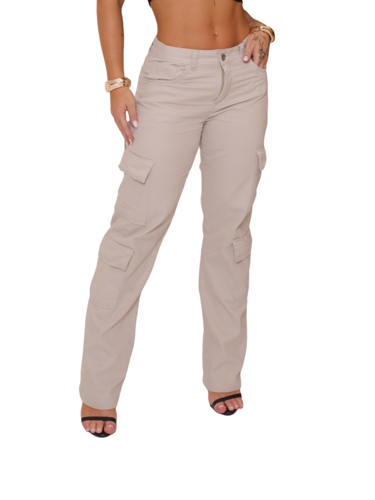 Imagem principal Calça Feminina Jeans Light Super Cargo 4 Bolsos Creme JEANS LIGHT bege