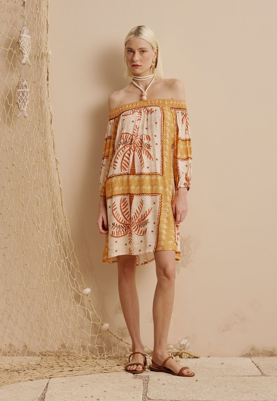 Imagem principal Vestido Ombro a Ombro Detalhe Ponteiras Estampado Copaiba CaCay amarelo