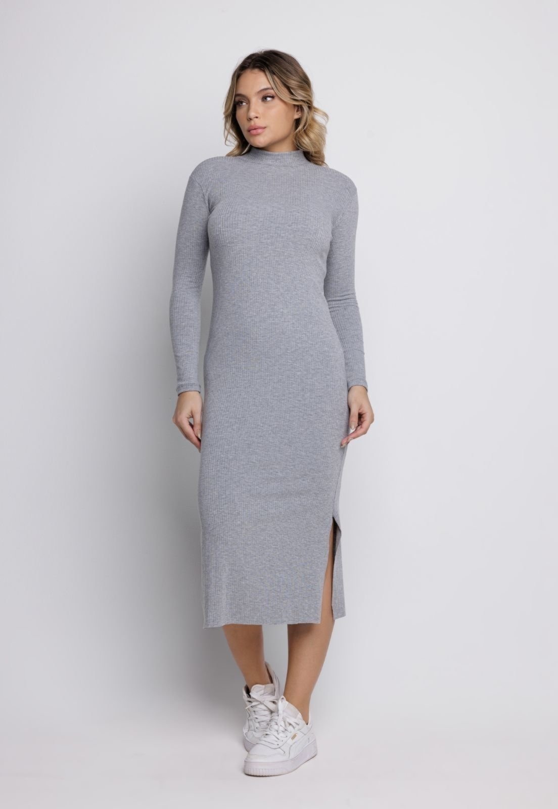 Imagem principal Vestido Midi Gola Alta Manga Longa Vekyo Canelado VEKYO cinza