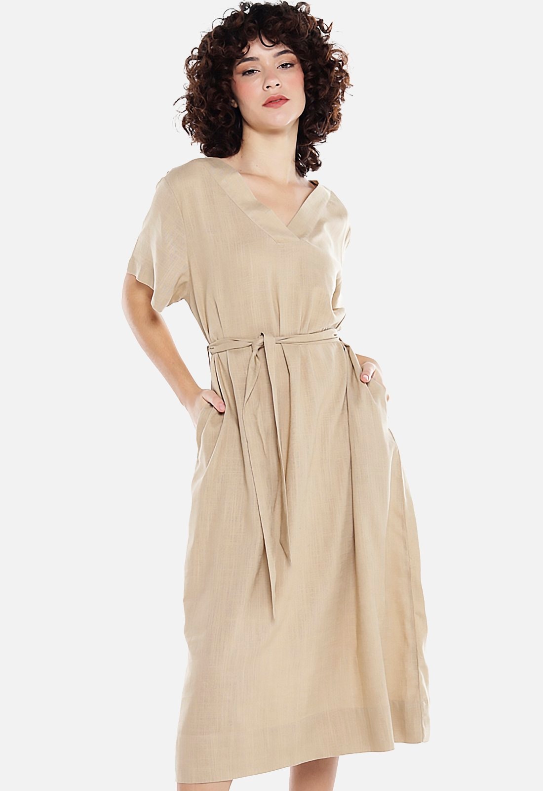 Imagem principal Vestido de Linho Midi com Bolsos Manga Curta SOB bege