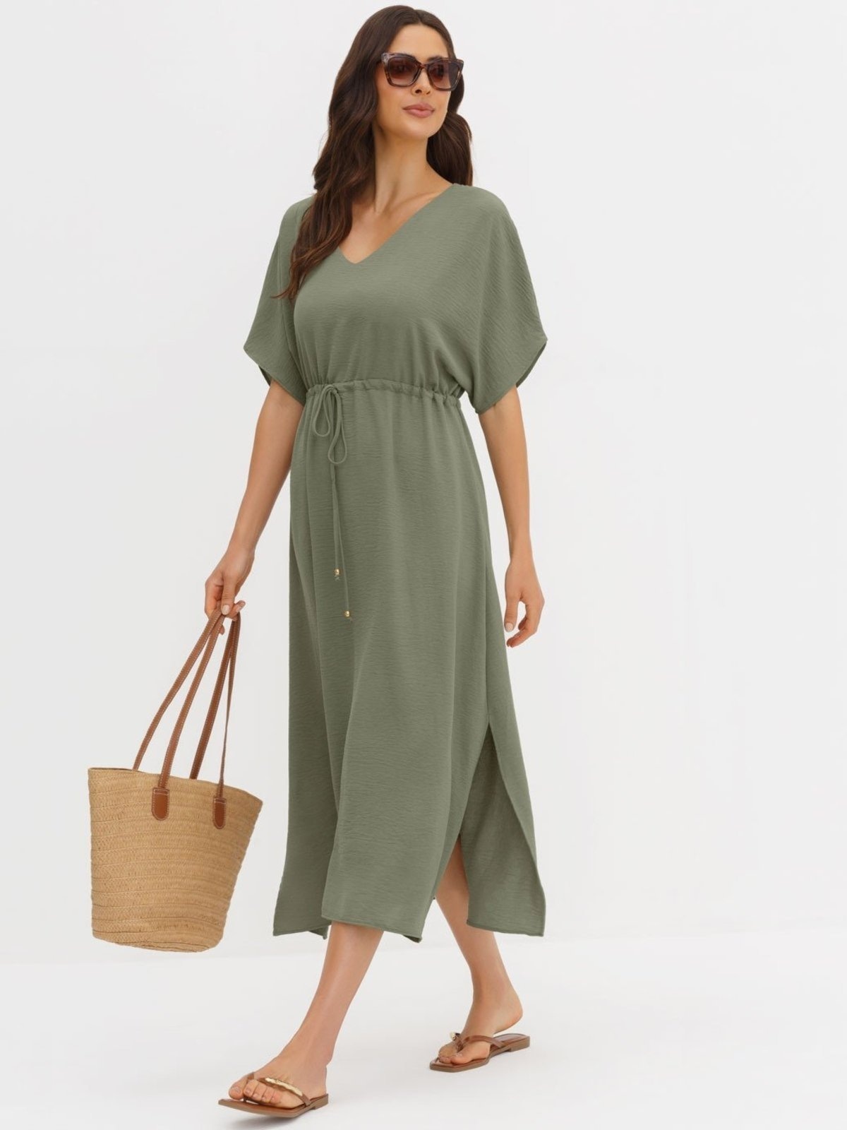 Imagem principal Kaftan Maxi Longuete em Crepe Oliva Pilar Principessa verde