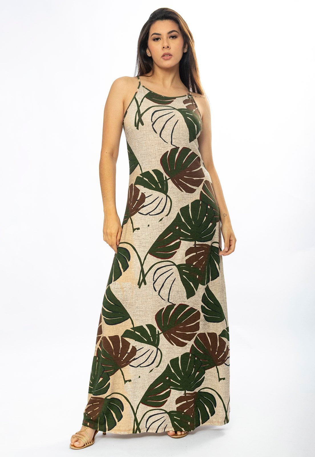 Imagem principal Vestido Longo Amazônia Vital Malha Trapézio Estampa Folhagem Verde e Marrom Amazonia Vital bege/estampado/verde verde