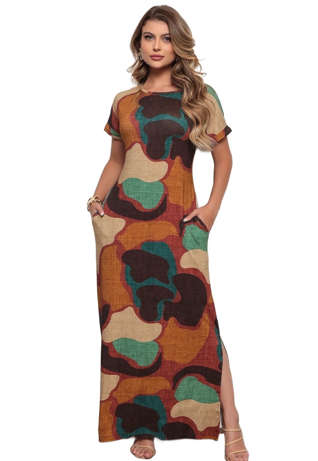 Imagem principal Vestido Longo Loose Dellamarca Viscolycra Confortável Dellamarca caramelo/estampado/marrom