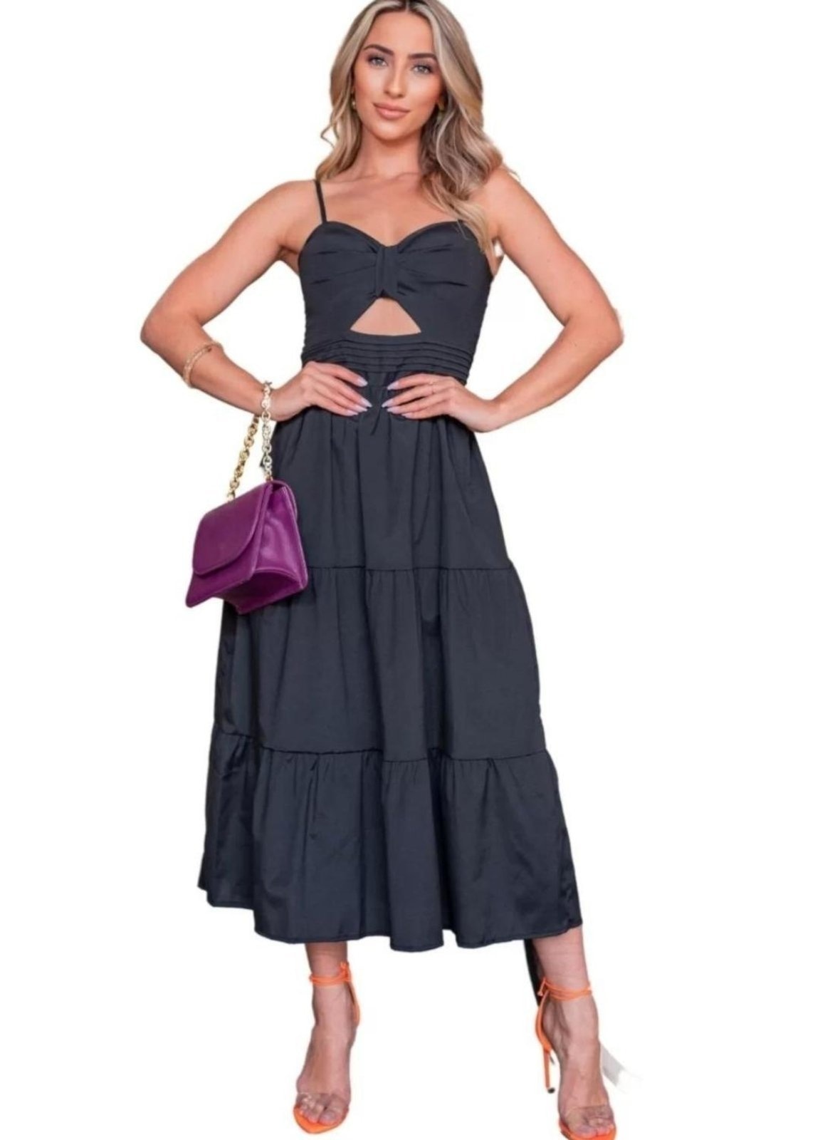 Imagem principal Vestido Midi Viscolinho Abertura Alcinha Cia do Vestido pink/preto/rosa/roxo