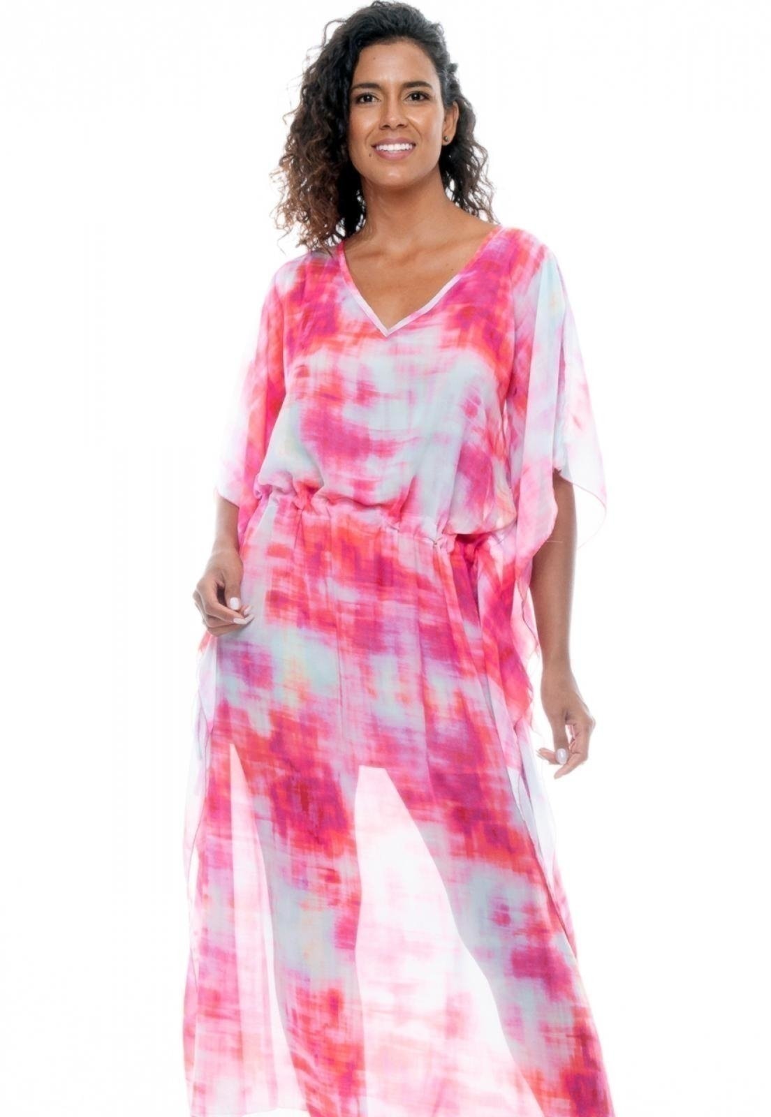 Imagem principal Saída Vestido Kaftan Longo Bata Crepe Semitransparente Estampado Mancha 101 Resort Wear rosa