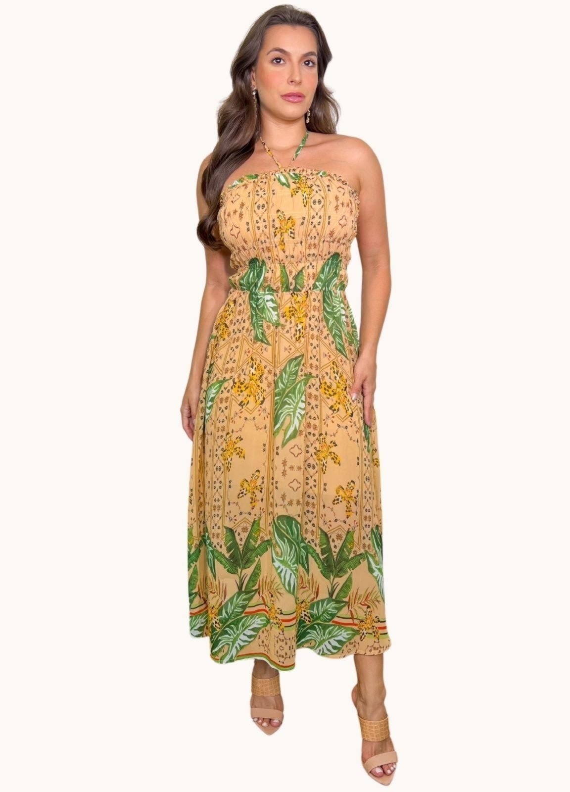 Imagem principal VESTIDO MIDI COM FRANZIDOS E ESTAMPA BARRADA Art Livre bege