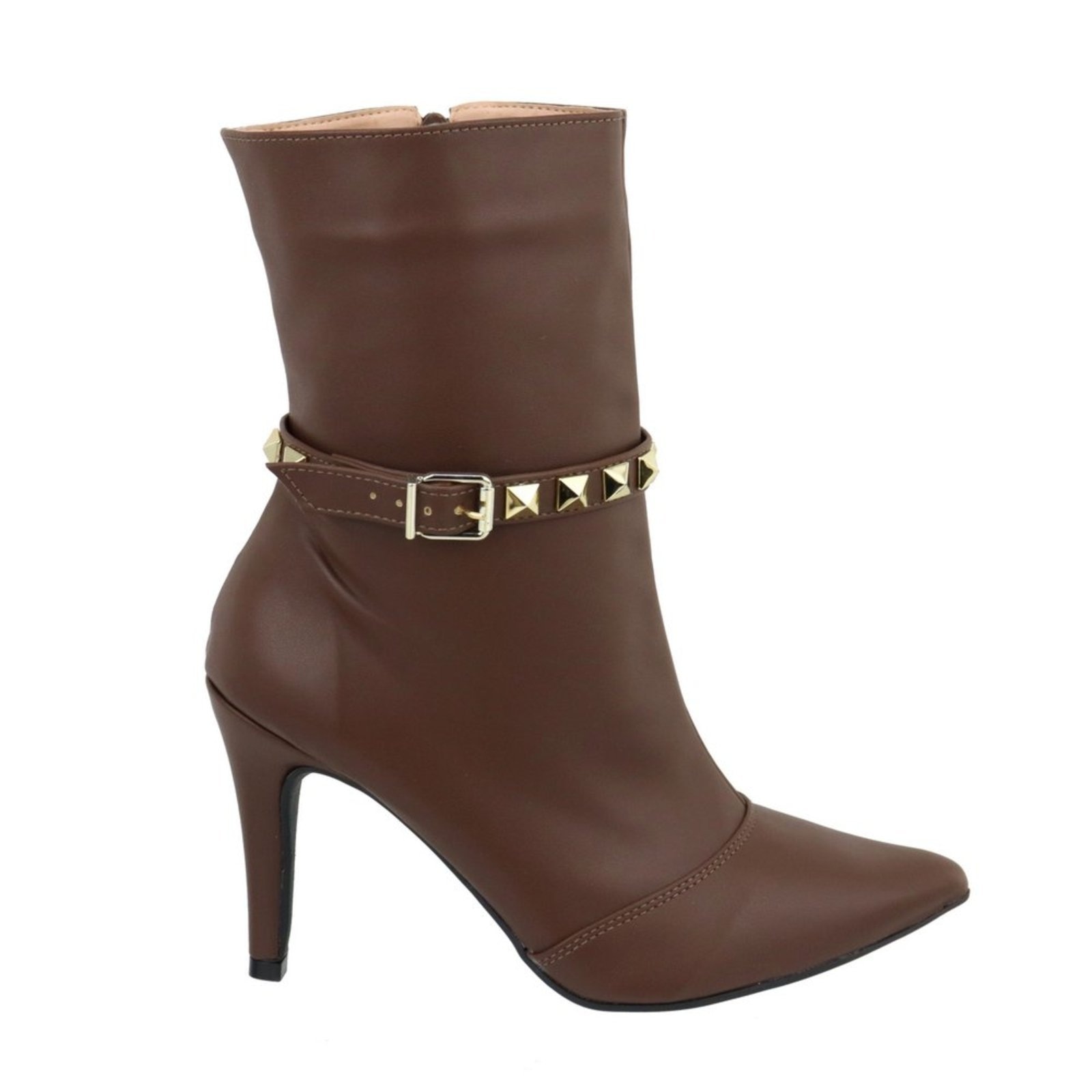 Imagem principal Bota Feminina Bico Fino Cano Médio 1793 Salto Fino Napa Cacau Detalhe Dourado Flor da Pele marrom