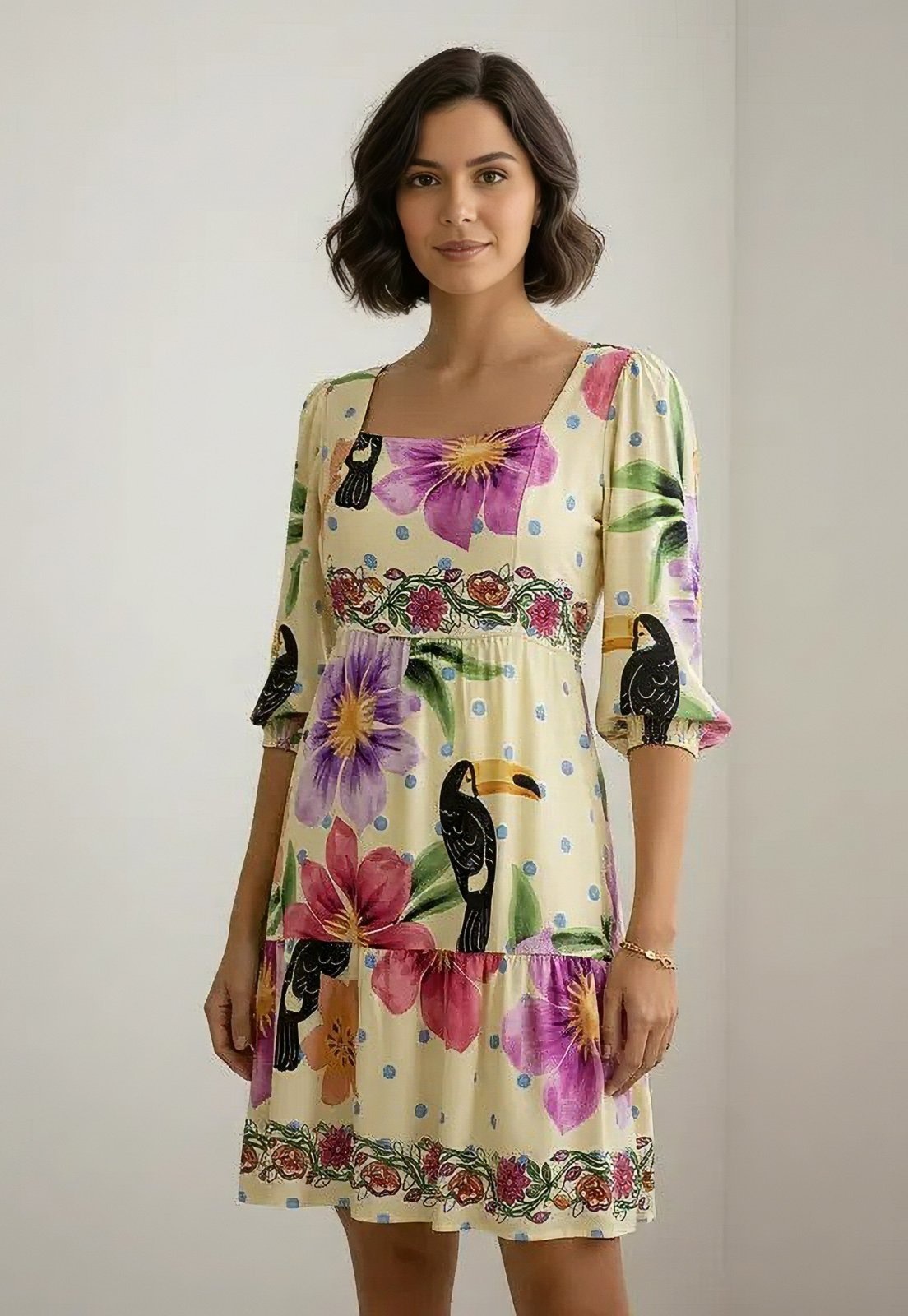 Imagem principal Vestido CabanaFree Curto Manga 3/4 Estampa Jardim do Cerrado Cabanafree amarelo/estampado